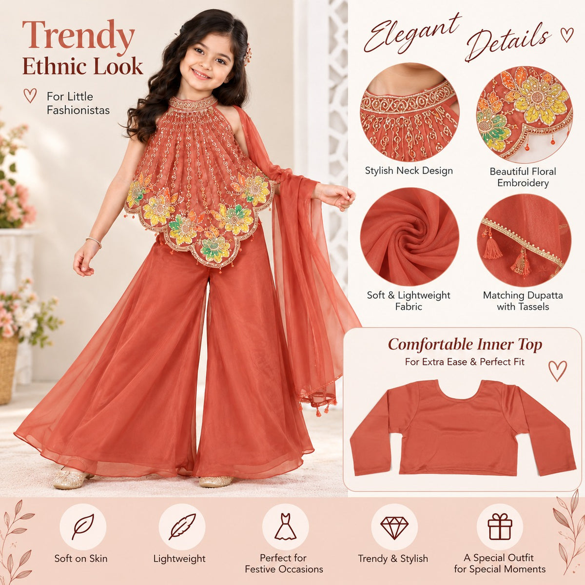 Girls coral ethnic outfit detail view showing embroidered neckline floral border lightweight fabric matching dupatta and inner top