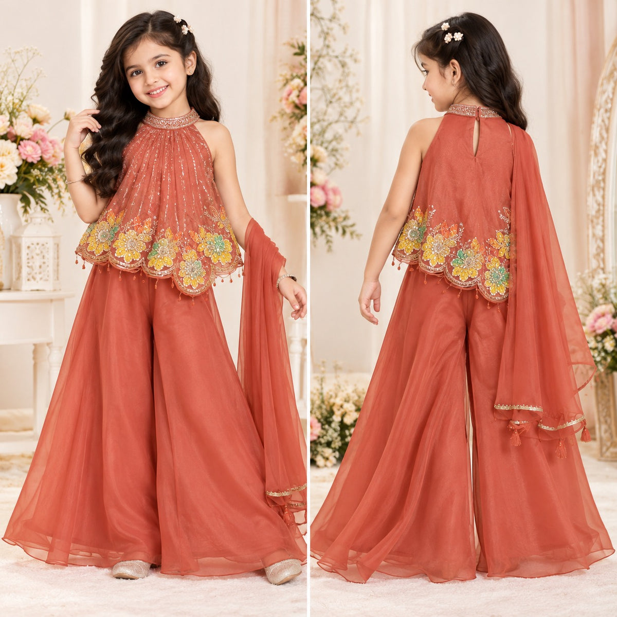 Girls coral ethnic outfit front and back view with embroidered top, palazzo pants and dupatta