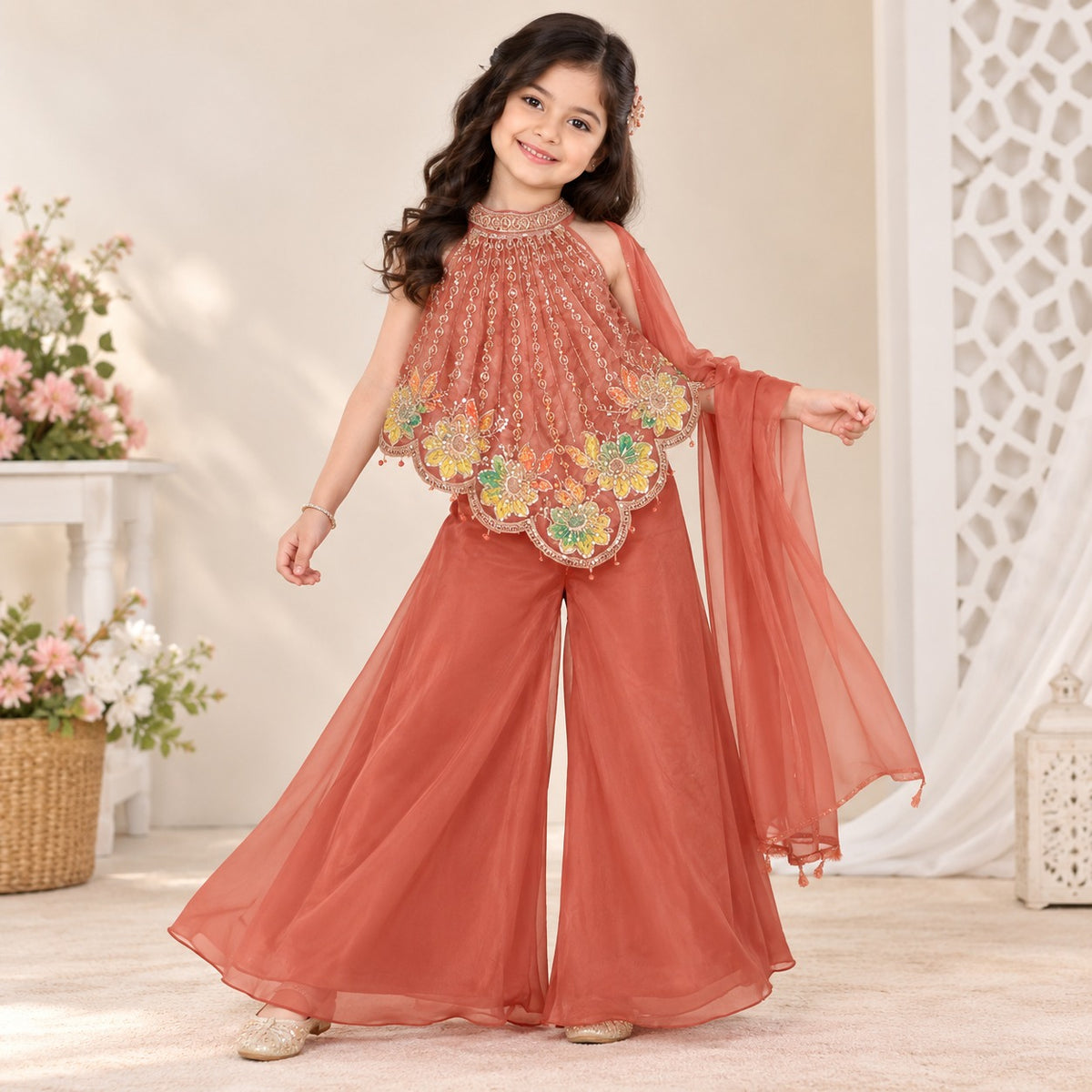 Girls coral ethnic outfit front view with embroidered halter top wide leg palazzo pants and matching dupatta