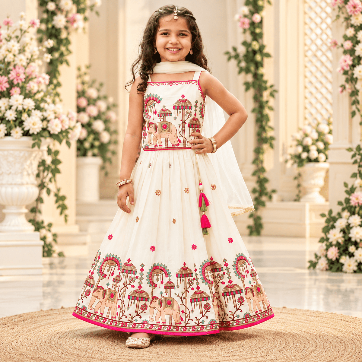 Girls Ethnic Lehenga Set – Cream Elephant Print - SMILE BABY