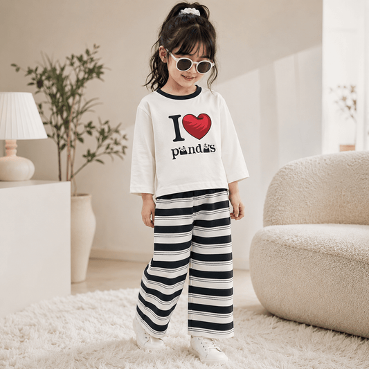 Girls White & Navy Stripe Panda Night Suit Set | Printed Full Sleeve Lounge Wear for Girls 1Y–7Y | Smile Baby - SMILE BABY