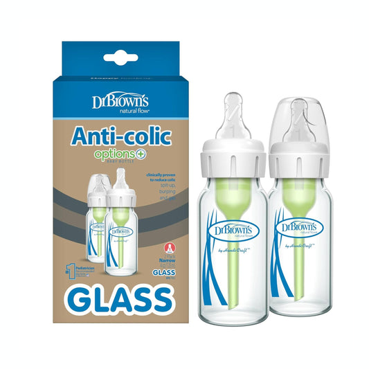 Dr. Brown's Natural Flow Anti-Colic Options+ Narrow Glass Baby Bottle 4 oz/120 mL, with Level 1 Slow Flow Nipple, 2 Pack, 0m+