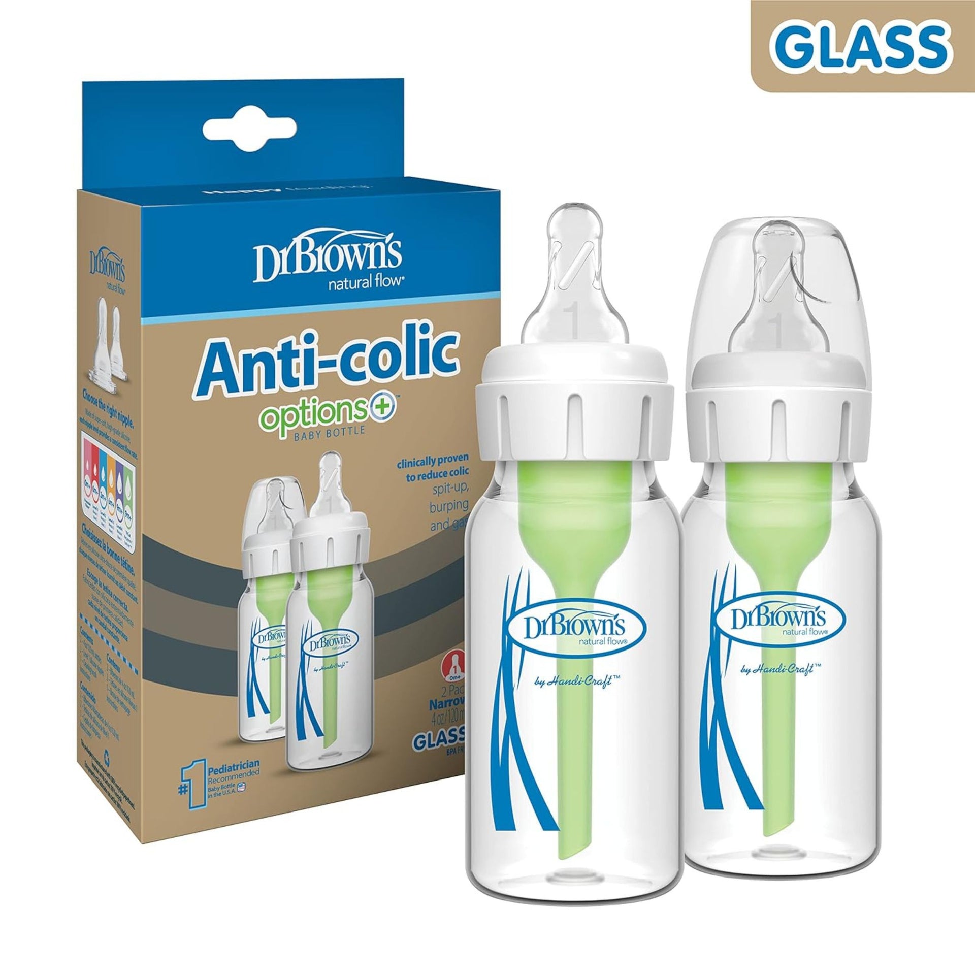 Dr. Brown's Natural Flow Anti-Colic Options+ Narrow Glass Baby Bottle 4 oz/120 mL, with Level 1 Slow Flow Nipple, 2 Pack, 0m+