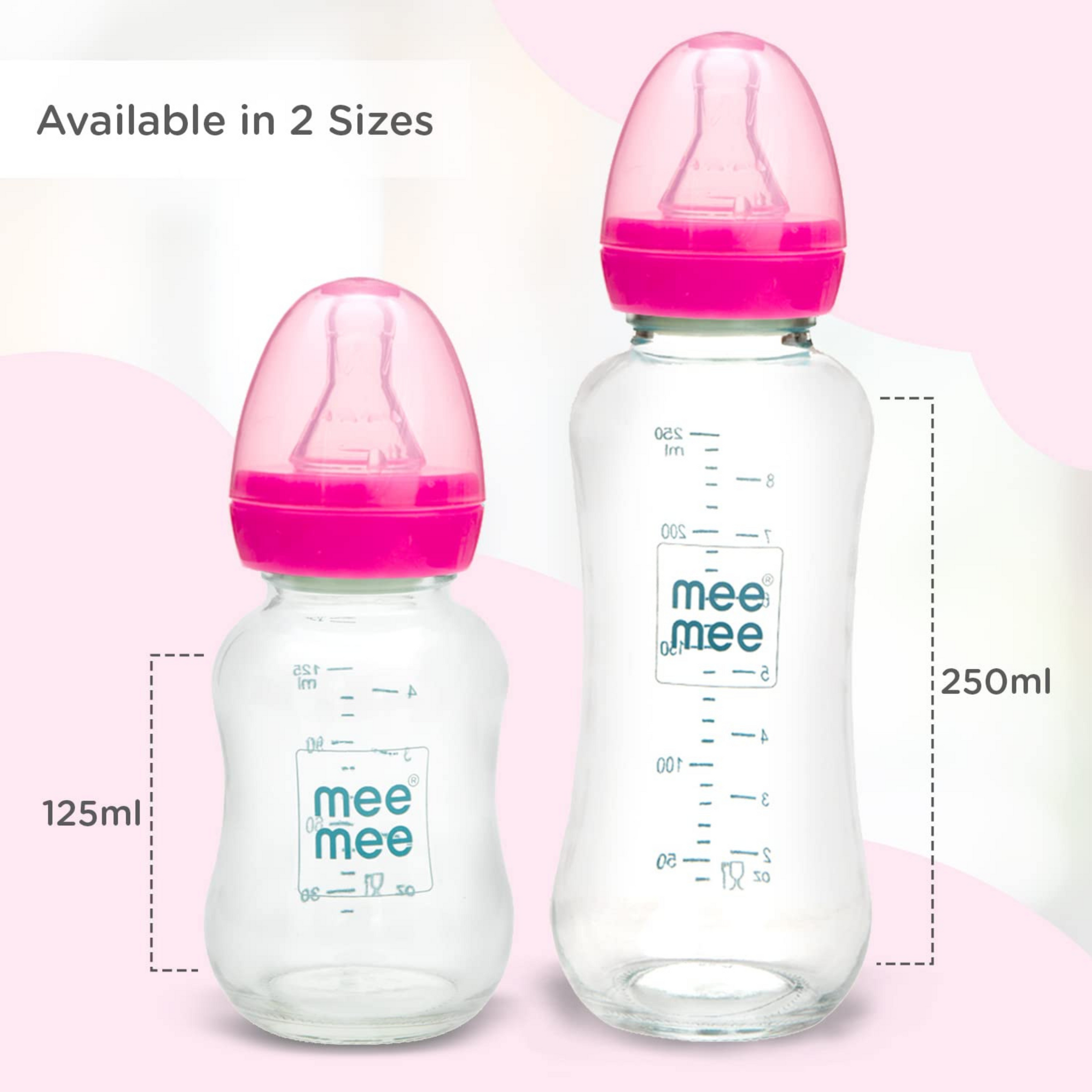 Mee Mee Premium Glass Feeding Bottle with Eazy-Flow Technology, Anti-Colic Valve,Anti Slip,BPA-free Baby Feeding Bottle For Babies & Toddlers(Pink, 120Ml)
