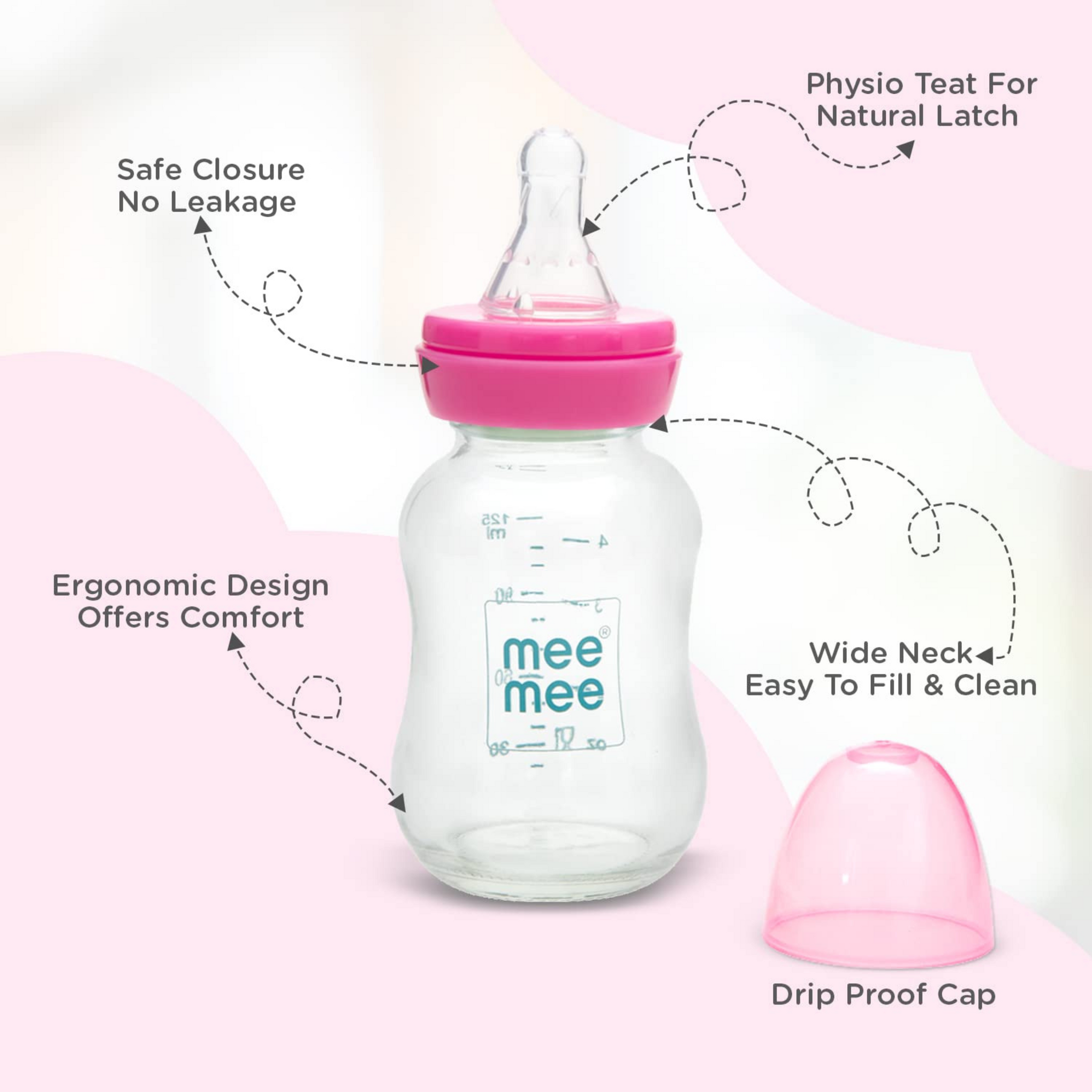 Mee Mee Premium Glass Feeding Bottle with Eazy-Flow Technology, Anti-Colic Valve,Anti Slip,BPA-free Baby Feeding Bottle For Babies & Toddlers(Pink, 120Ml)