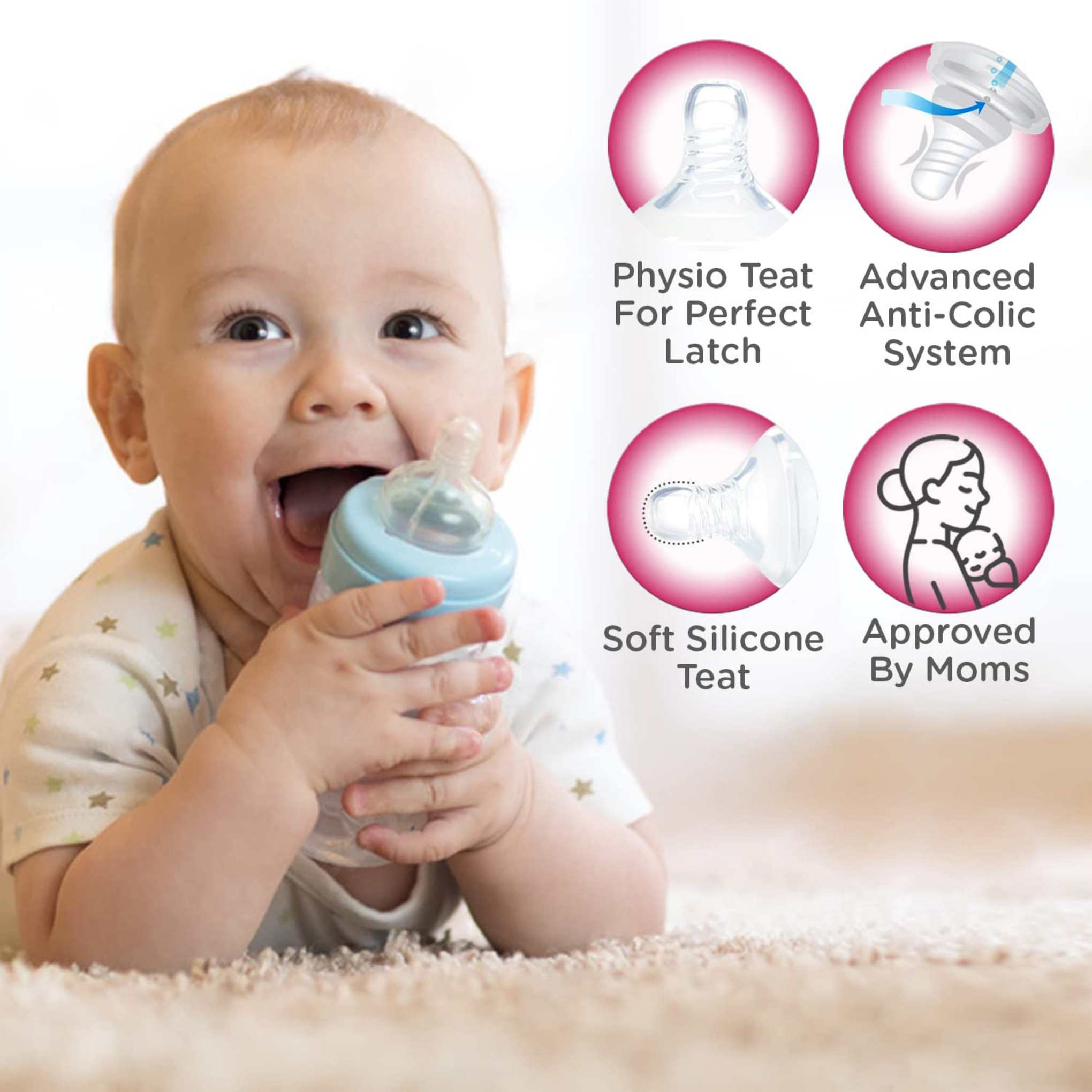 Mee Mee Premium Glass Feeding Bottle with Eazy-Flow Technology, Anti-Colic Valve,Anti Slip,BPA-free Baby Feeding Bottle For Babies & Toddlers(Pink, 120Ml)