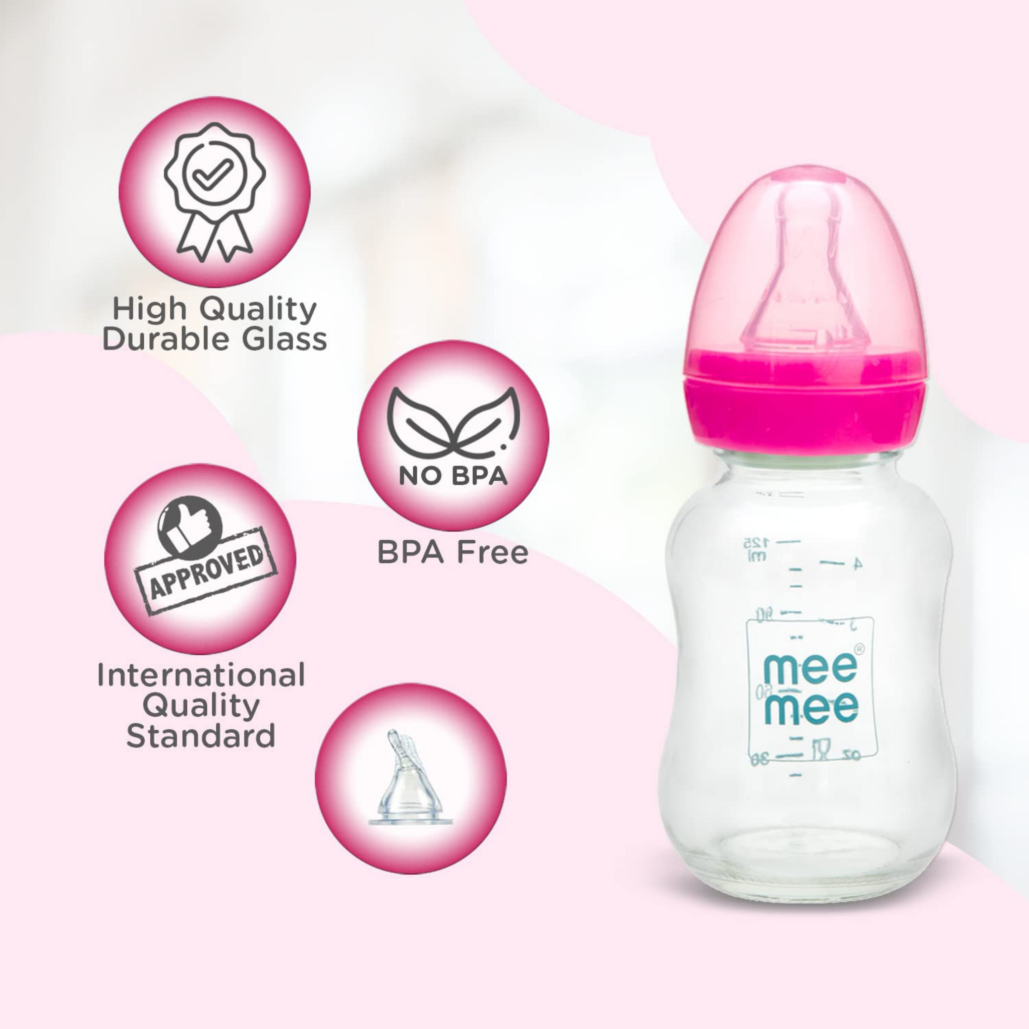 Mee Mee Premium Glass Feeding Bottle with Eazy-Flow Technology, Anti-Colic Valve,Anti Slip,BPA-free Baby Feeding Bottle For Babies & Toddlers(Pink, 120Ml)