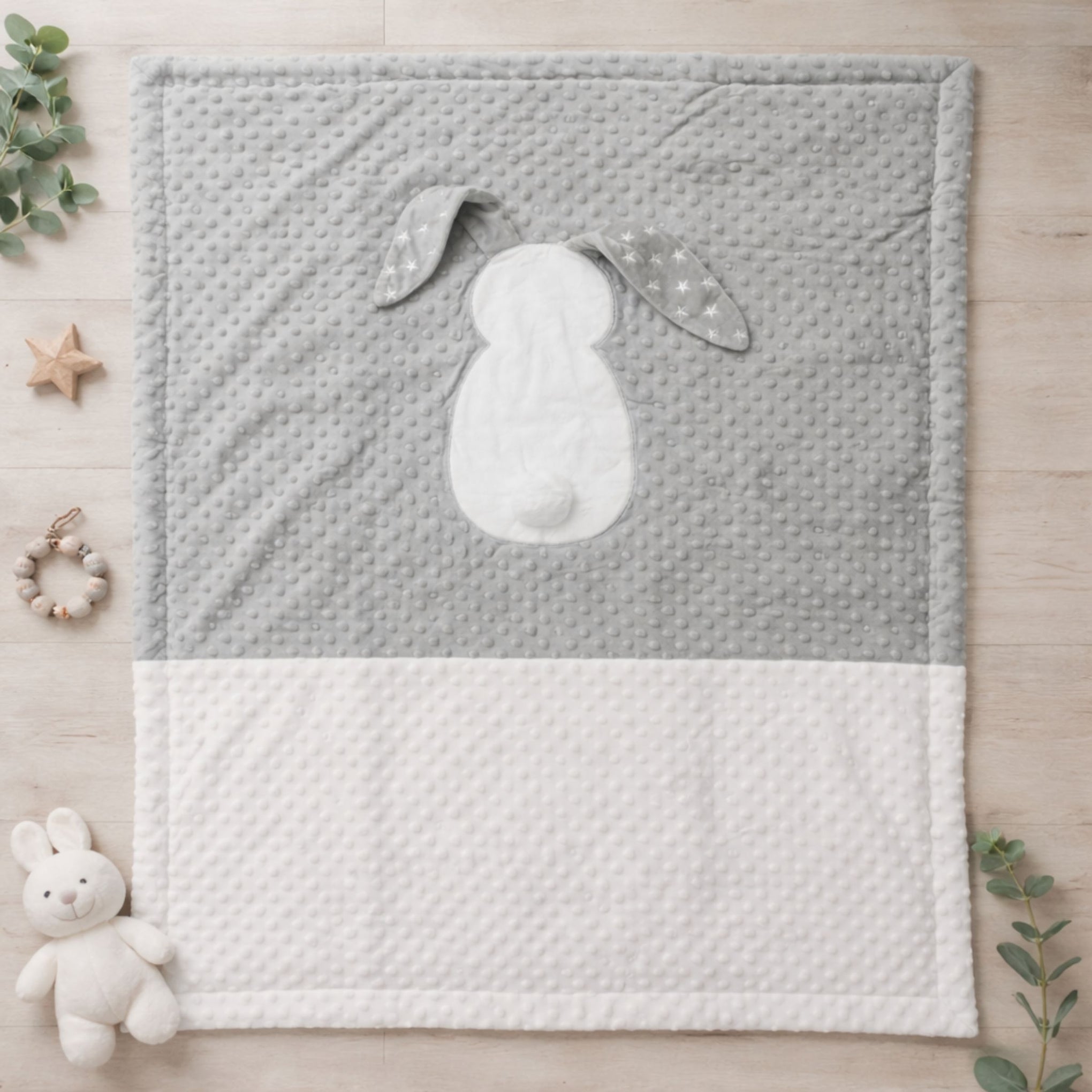 Soft Bunny Baby Blanket for Newborns – Cozy Grey & White Minky Blanket for Cradle & Sleep