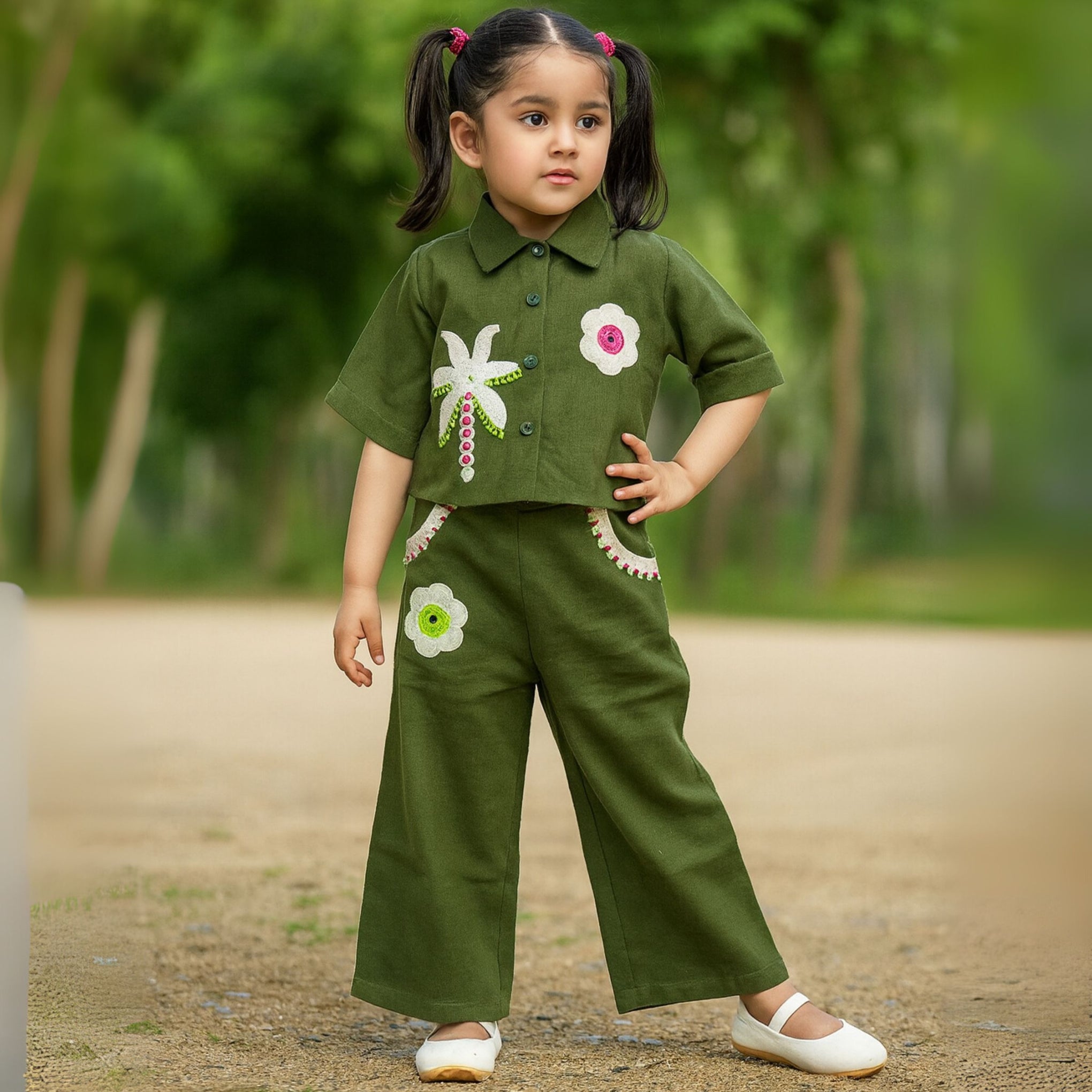 Smile Baby Green Floral Embroidered Co-Ord Set for Girls | Age 4–12 Years