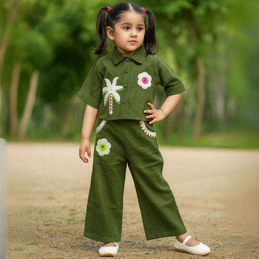Smile Baby Green Floral Embroidered Co-Ord Set for Girls | Age 4–12 Years