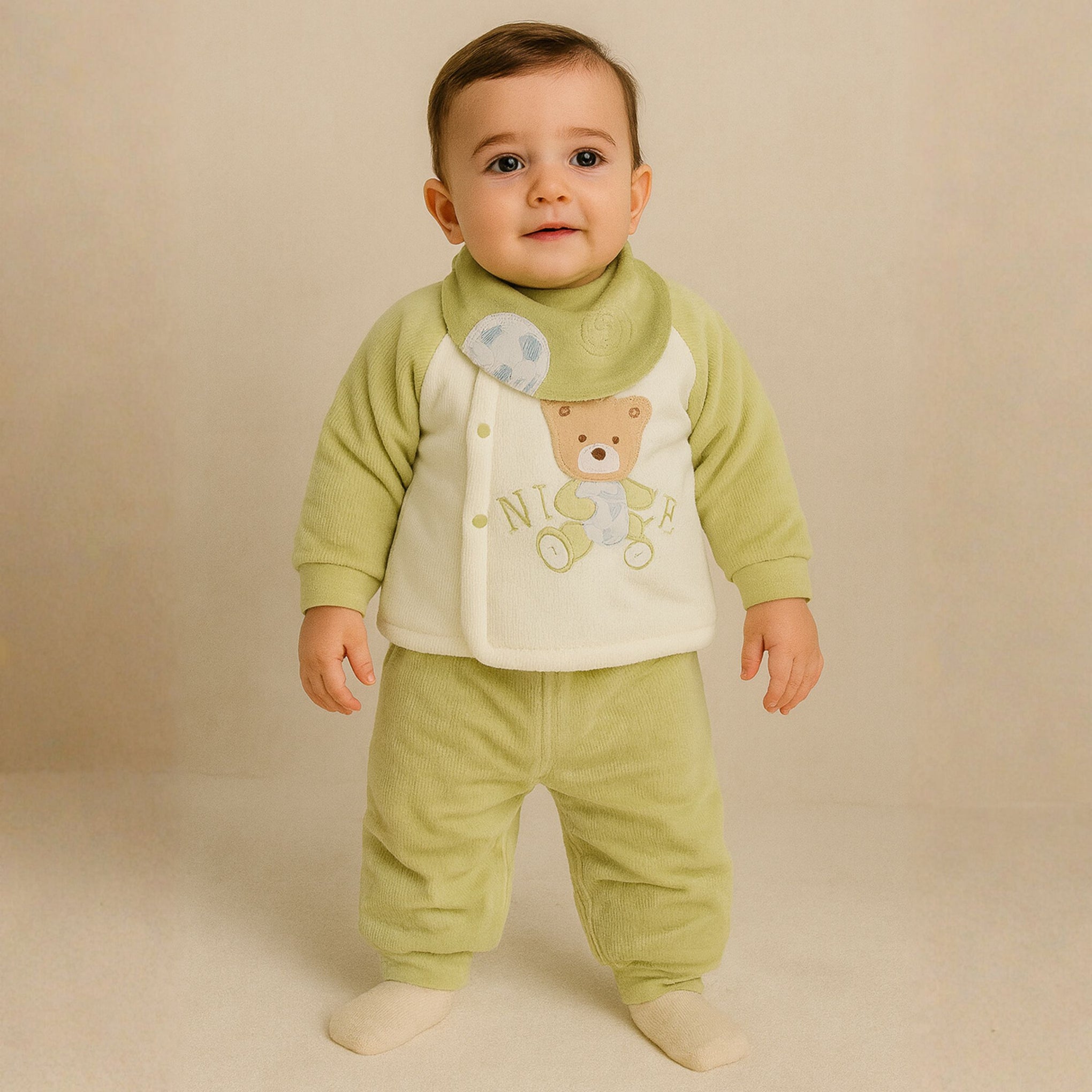 Smile Baby 3-Piece Winter Set for 0–1 Year | Soft Cotton Fleece Baby Clothing Set (Top, Pants & Bib) | Warm & Gentle Wear for Infants – Cream/Green, Cream/Blue, Cream/Brown