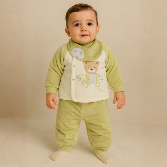 Smile Baby 3-Piece Winter Set for 0–1 Year | Soft Cotton Fleece Baby Clothing Set (Top, Pants & Bib) | Warm & Gentle Wear for Infants – Cream/Green, Cream/Blue, Cream/Brown