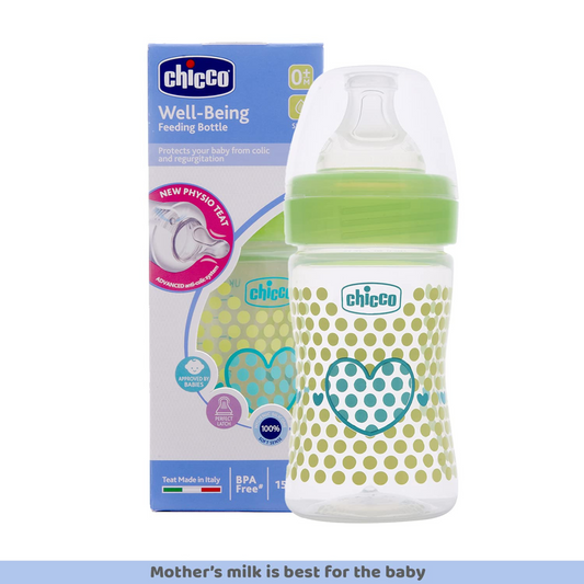 Chicco Well-Being Baby Feeding Bottle, | Advanced Anti-Colic Nipple | Soft Silicon Teat | Wide Neck, Anti-Drip Bottle |BPA Free (Green)