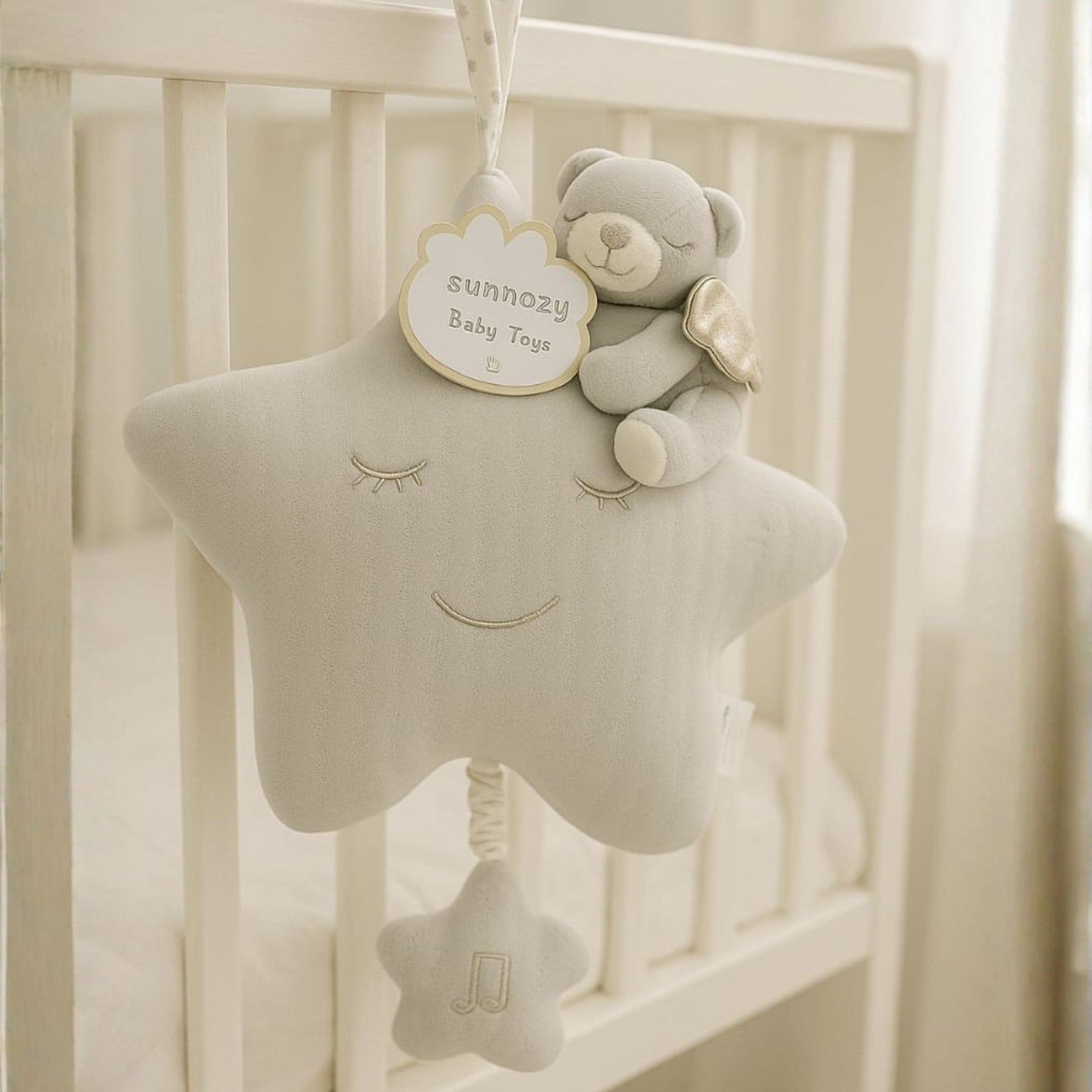 SMILE BABY Soft Musical Plush Star Hanging Toy with Teddy | Baby Crib & Stroller Hanging Toy | Lullaby Soothing Toy | Available in Cream, Pink & Blue