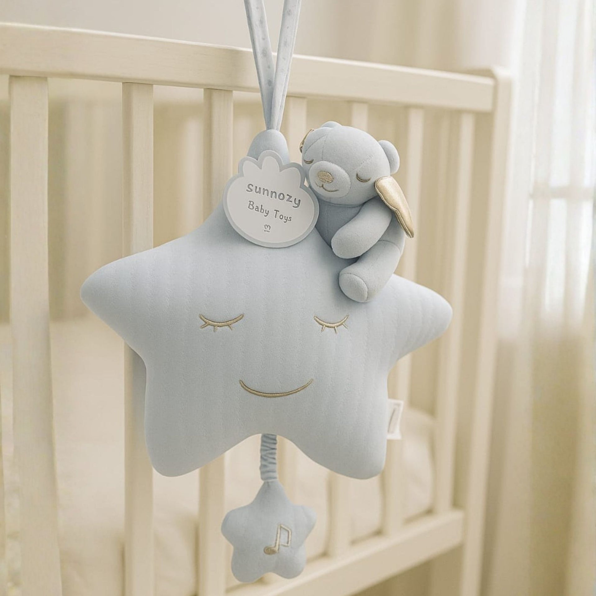 SMILE BABY Soft Musical Plush Star Hanging Toy with Teddy | Baby Crib & Stroller Hanging Toy | Lullaby Soothing Toy | Available in Cream, Pink & Blue