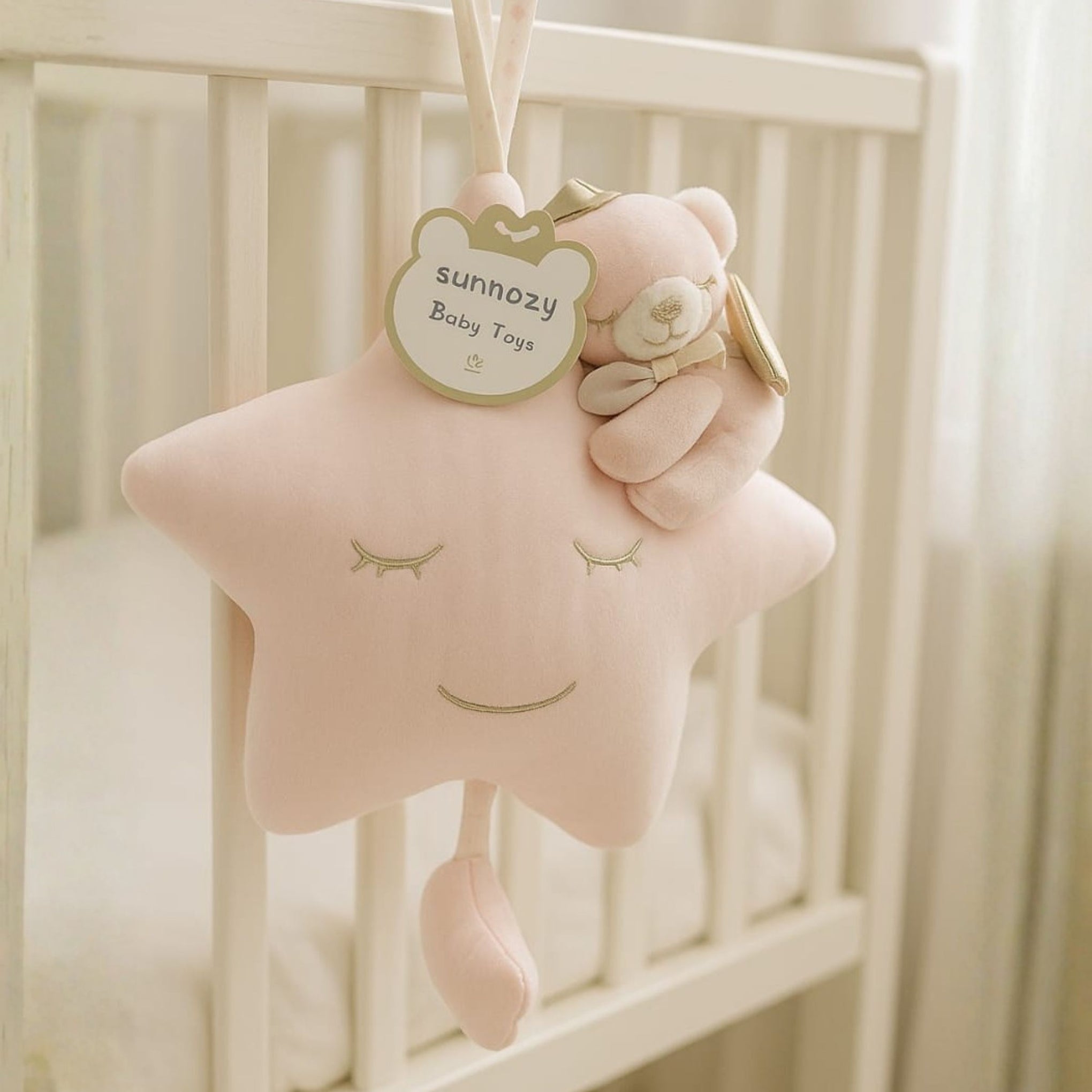 SMILE BABY Soft Musical Plush Star Hanging Toy with Teddy | Baby Crib & Stroller Hanging Toy | Lullaby Soothing Toy | Available in Cream, Pink & Blue