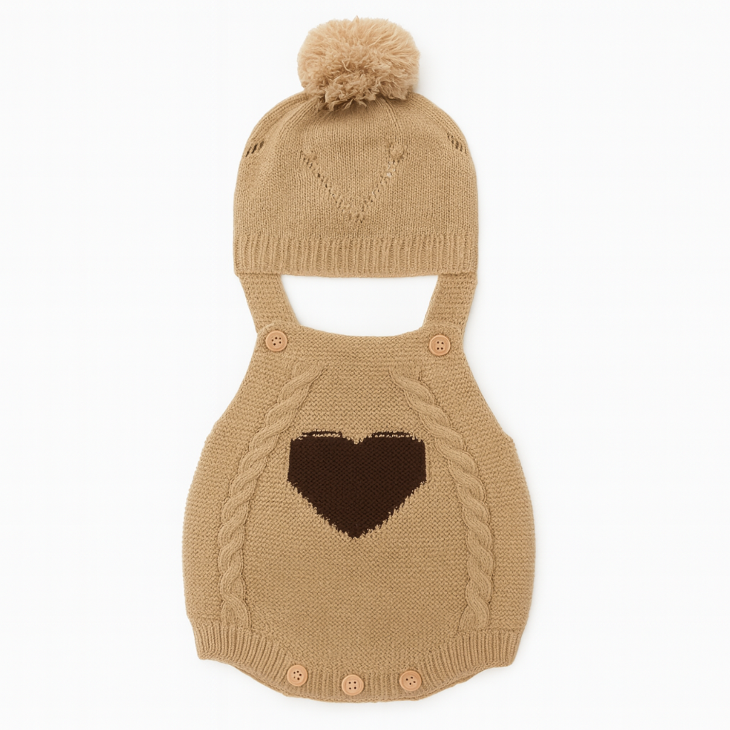 Smile Baby Knitted Romper & Cap Set – Heart Design | 0–6 Months | Pink & Brown
