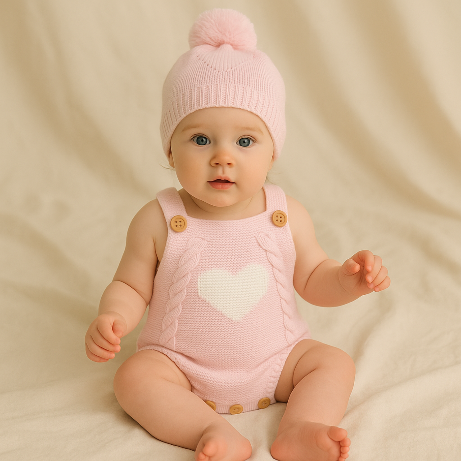 Smile Baby Knitted Romper & Cap Set – Heart Design | 0–6 Months | Pink & Brown