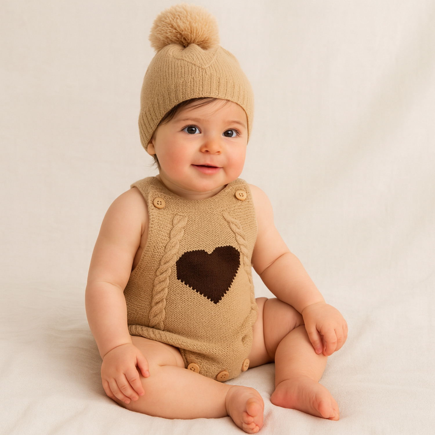 Smile Baby Knitted Romper & Cap Set – Heart Design | 0–6 Months | Pink & Brown