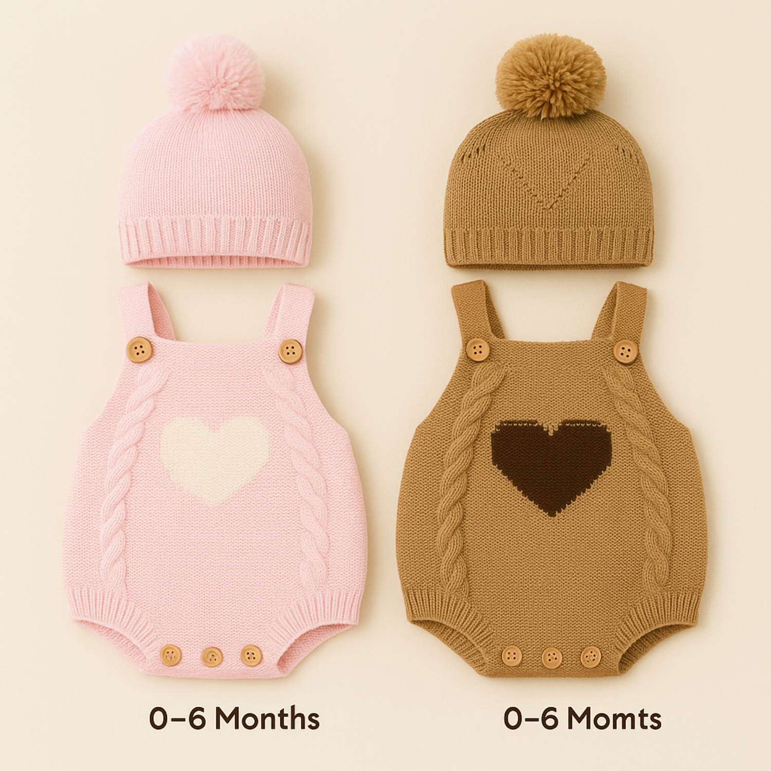 Smile Baby Knitted Romper & Cap Set – Heart Design | 0–6 Months | Pink & Brown