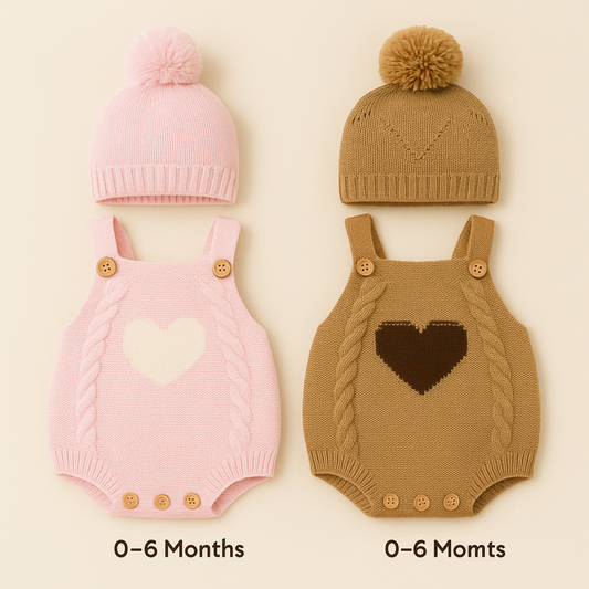 Smile Baby Knitted Romper & Cap Set – Heart Design | 0–6 Months | Pink & Brown