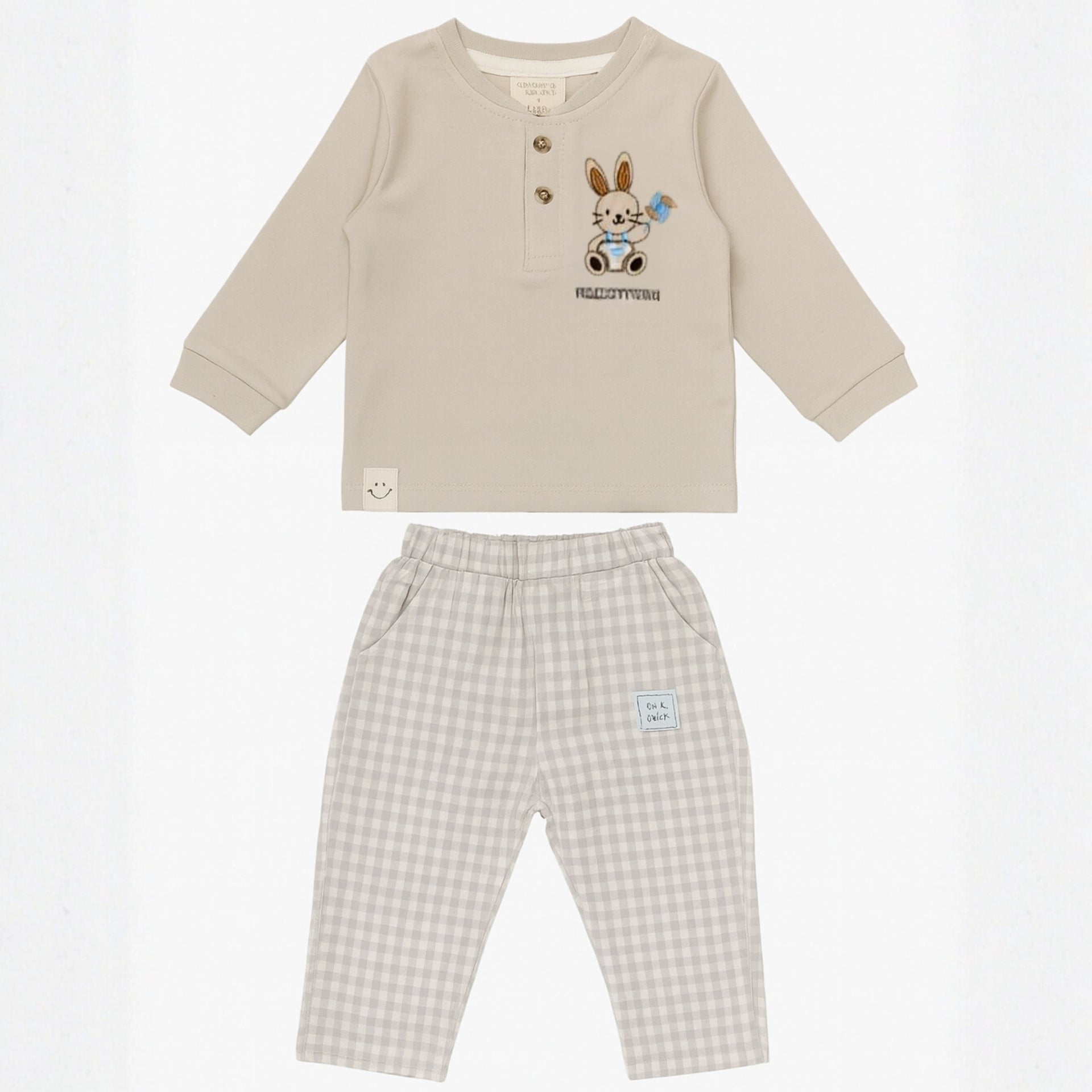 Ollypop “Hello Friend” Bunny Print Cotton T-shirt & Checkered Pants Set for Babies (6–24 Months)