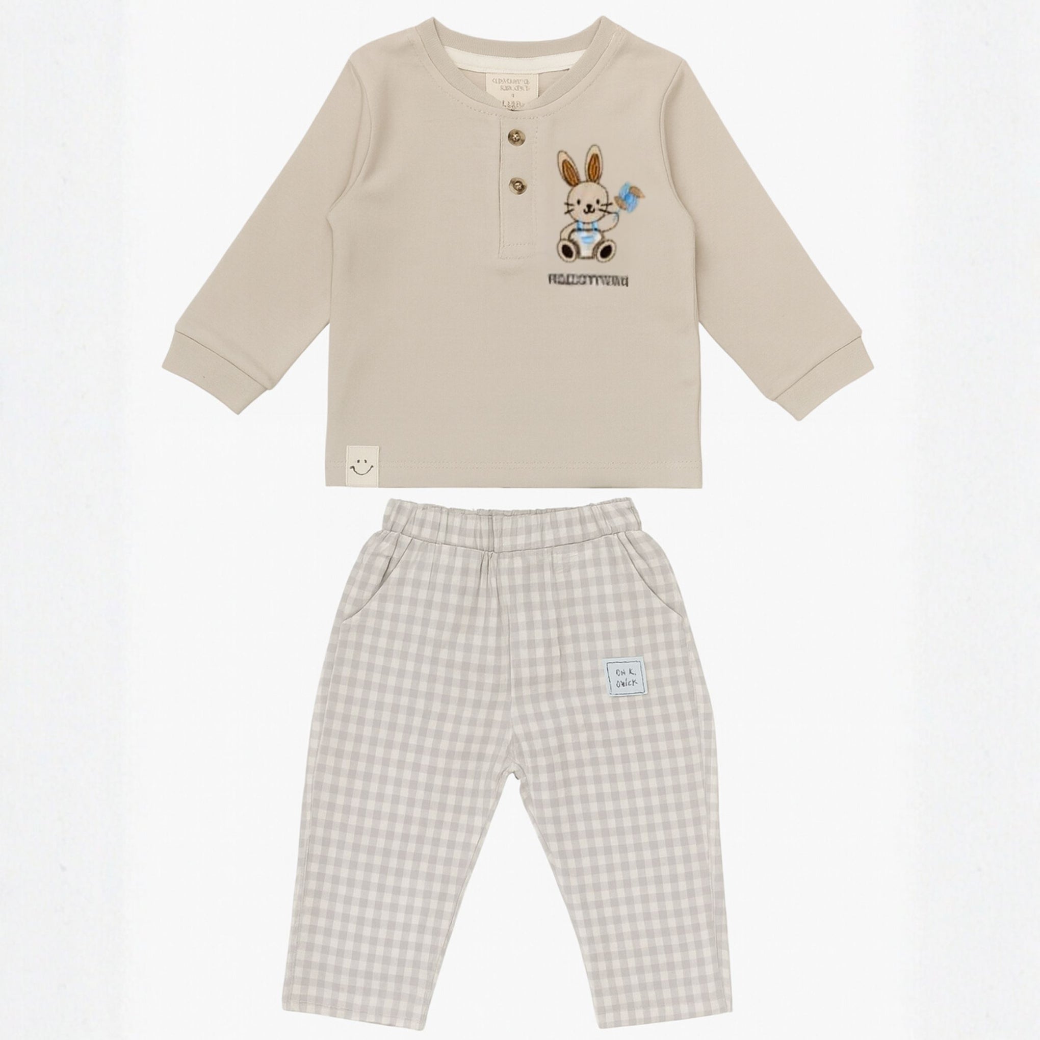 Ollypop “Hello Friend” Bunny Print Cotton T-shirt & Checkered Pants Set for Babies (6–24 Months)