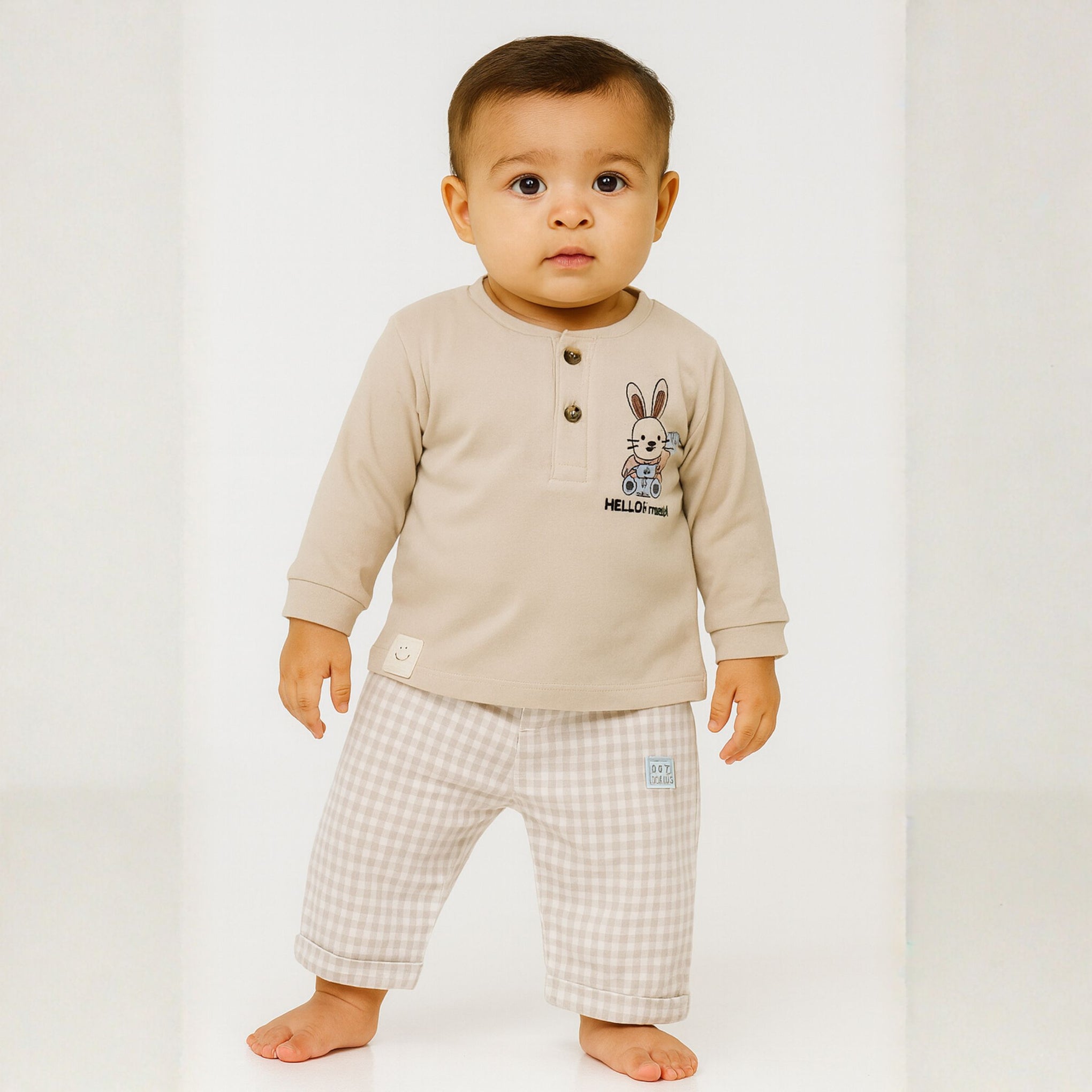 Ollypop “Hello Friend” Bunny Print Cotton T-shirt & Checkered Pants Set for Babies (6–24 Months)