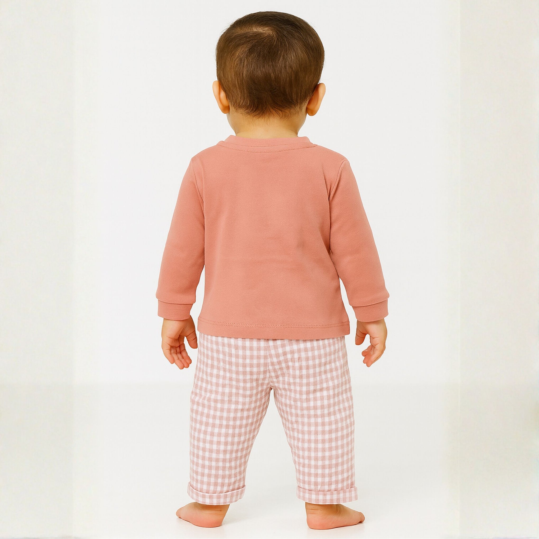 Ollypop “Hello Friend” Bunny Print Cotton T-shirt & Checkered Pants Set for Babies (6–24 Months)