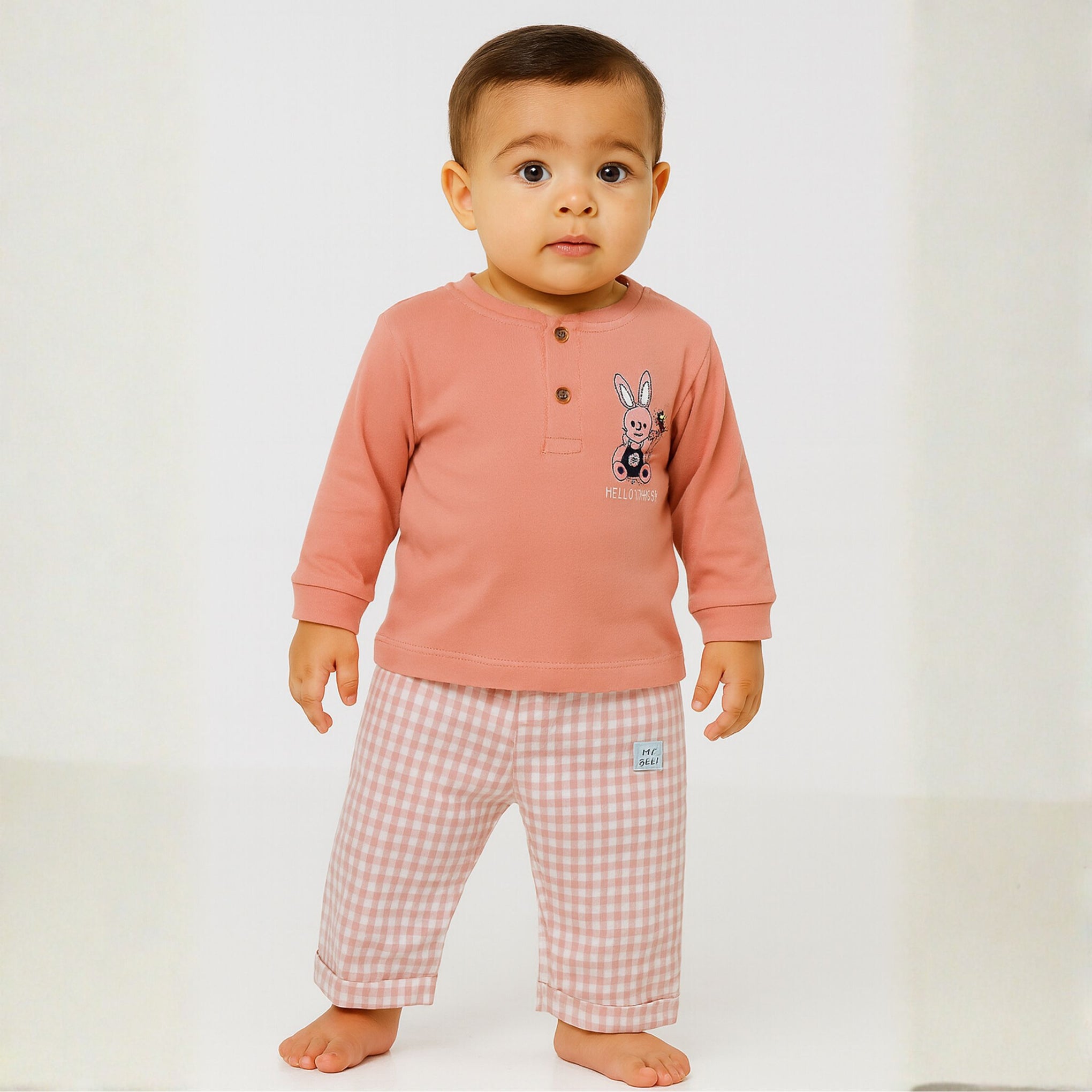 Ollypop “Hello Friend” Bunny Print Cotton T-shirt & Checkered Pants Set for Babies (6–24 Months)