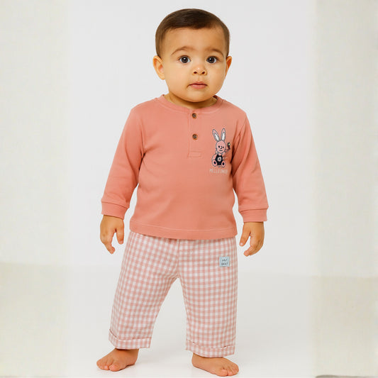 Ollypop “Hello Friend” Bunny Print Cotton T-shirt & Checkered Pants Set for Babies (6–24 Months)