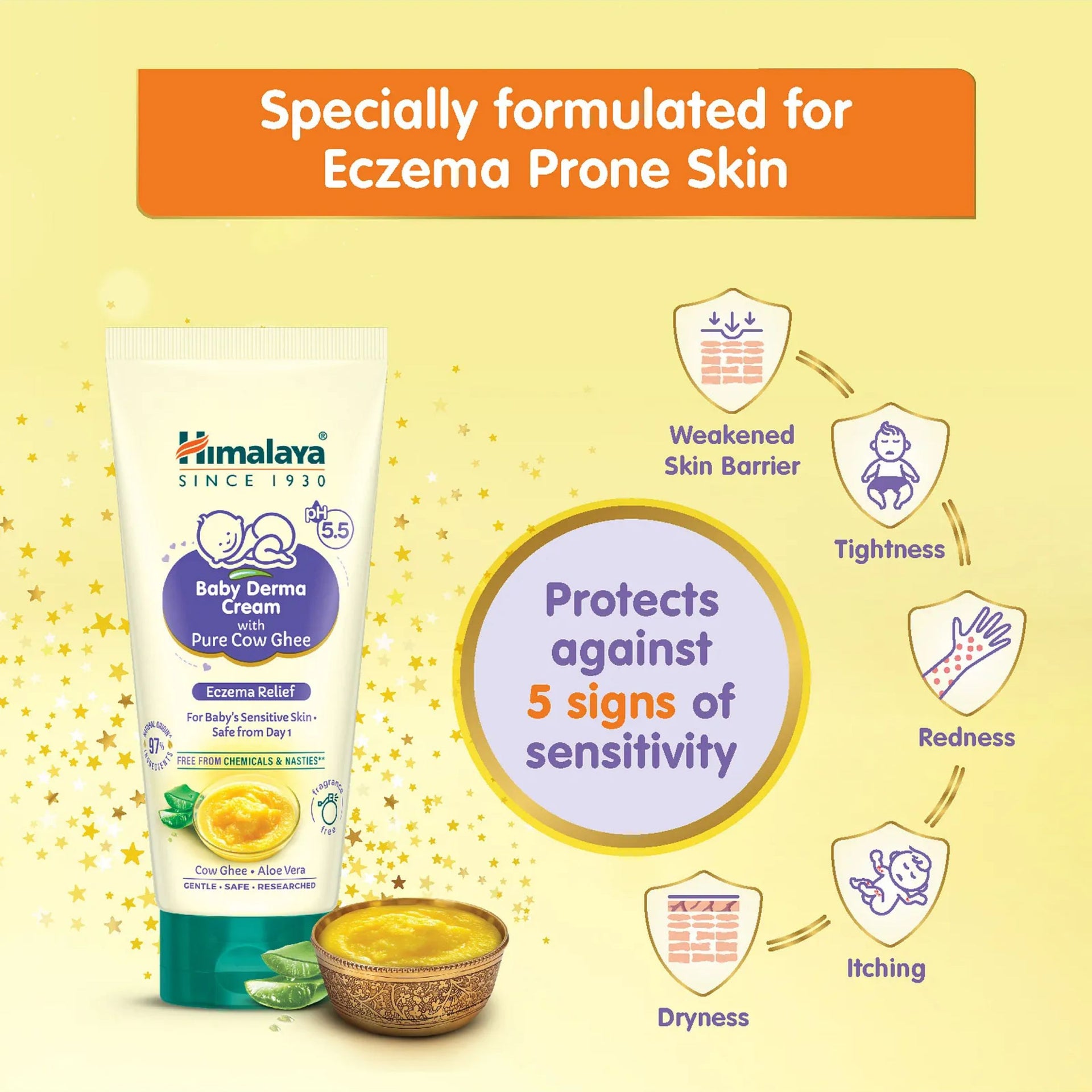 Himalaya Baby Derma Cream with Cow Ghee & Aloe Vera – Safe Eczema Relief for Sensitive Baby Skin