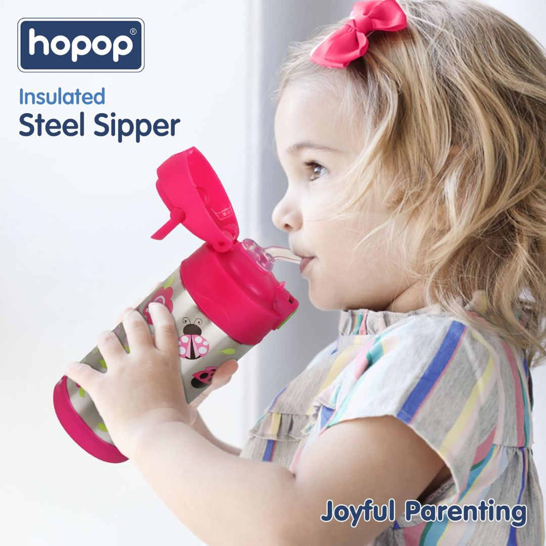 Hopop Insulated Stainless Steel Sipper Water Bottle for Kids | Double Walled Insulated Steel | Hot and Cold Sipper Bottle with Straw & Carry Handle | Thermos Flask | BPA Free | 300ml.