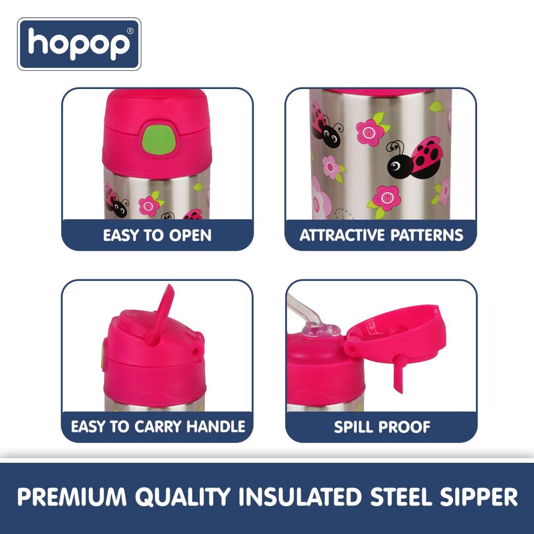 Hopop Insulated Stainless Steel Sipper Water Bottle for Kids | Double Walled Insulated Steel | Hot and Cold Sipper Bottle with Straw & Carry Handle | Thermos Flask | BPA Free | 300ml.