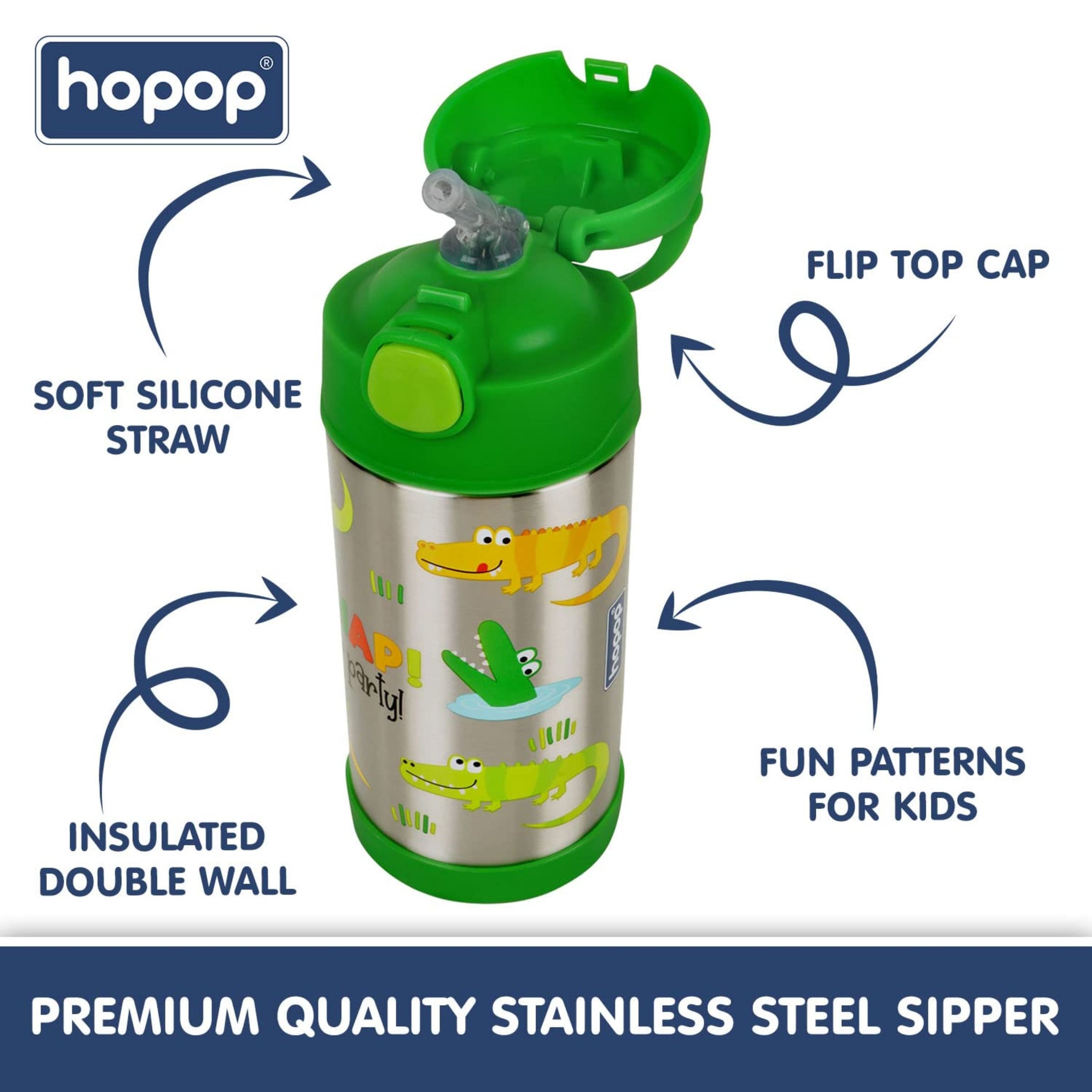Hopop Insulated Stainless Steel Sipper Water Bottle for Kids | Double Walled Insulated Steel | Cold Water Sipper Bottle with Straw & Carry Handle | Thermos Flask | BPA Free | 300ml | Alligator