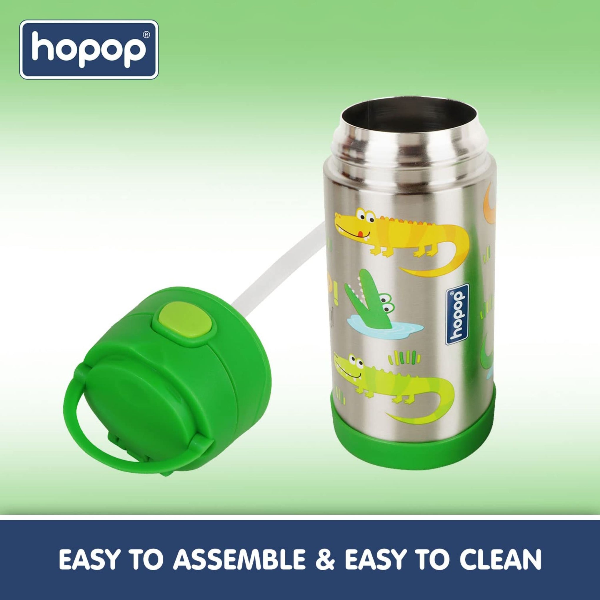 Hopop Insulated Stainless Steel Sipper Water Bottle for Kids | Double Walled Insulated Steel | Cold Water Sipper Bottle with Straw & Carry Handle | Thermos Flask | BPA Free | 300ml | Alligator