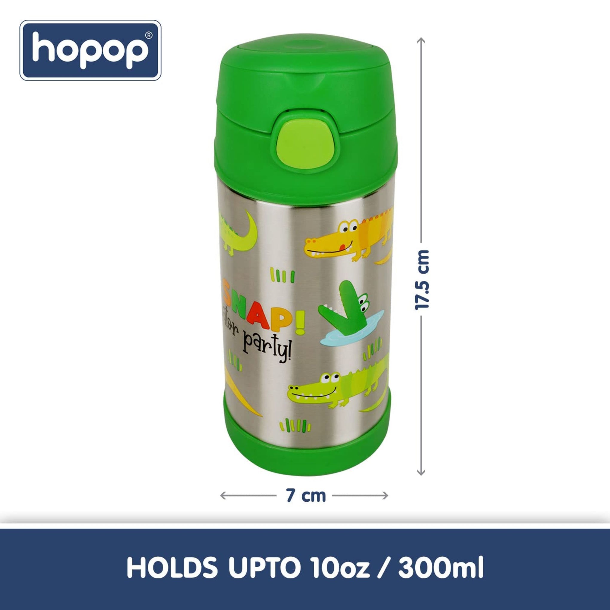 Hopop Insulated Stainless Steel Sipper Water Bottle for Kids | Double Walled Insulated Steel | Cold Water Sipper Bottle with Straw & Carry Handle | Thermos Flask | BPA Free | 300ml | Alligator