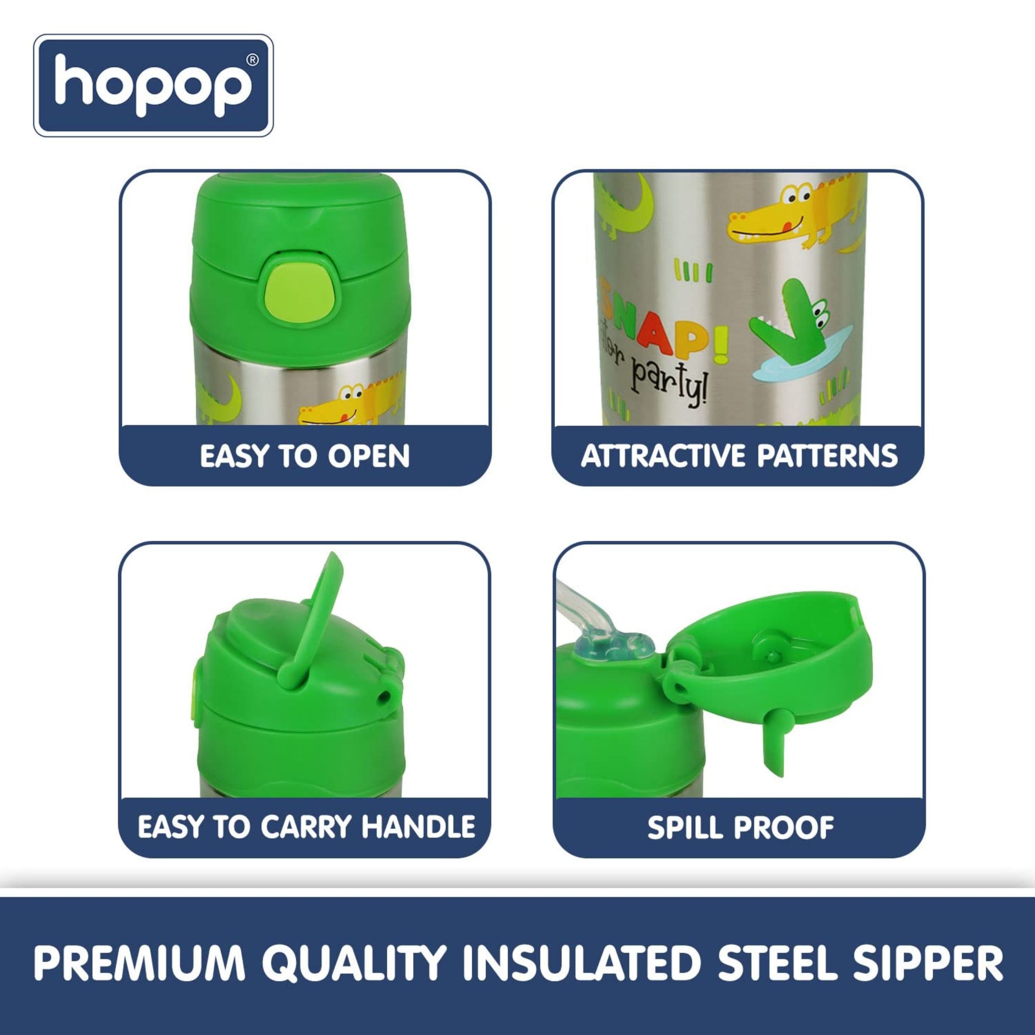 Hopop Insulated Stainless Steel Sipper Water Bottle for Kids | Double Walled Insulated Steel | Cold Water Sipper Bottle with Straw & Carry Handle | Thermos Flask | BPA Free | 300ml | Alligator
