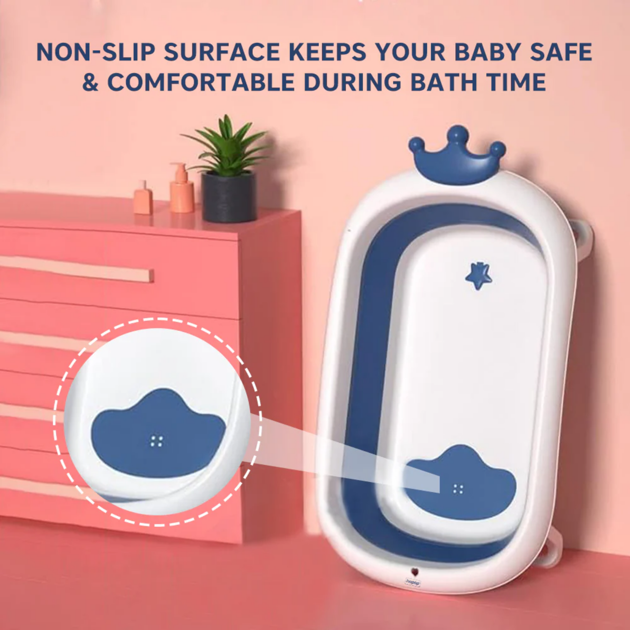 Hopop Deluxe Foldable Baby Bath Tub Adjustable Height | Foldable | Anti Slip Suction Base | Drain Outlet for Easy Clean | 4Months -3Yrs | Baby Mini Swimming Pool | New Born Toddlers Unisex (D.Blue)