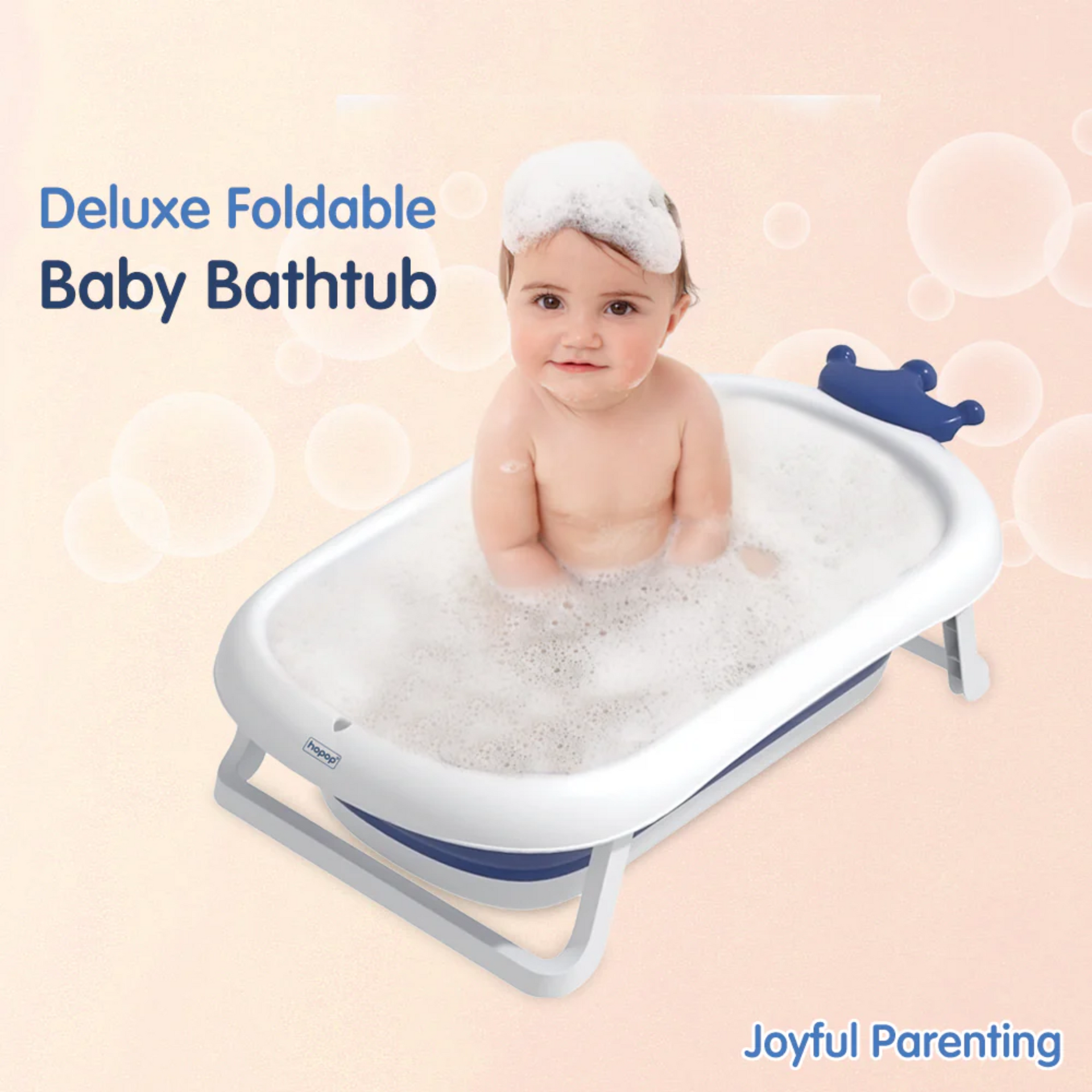 Hopop Deluxe Foldable Baby Bath Tub Adjustable Height | Foldable | Anti Slip Suction Base | Drain Outlet for Easy Clean | 4Months -3Yrs | Baby Mini Swimming Pool | New Born Toddlers Unisex (D.Blue)