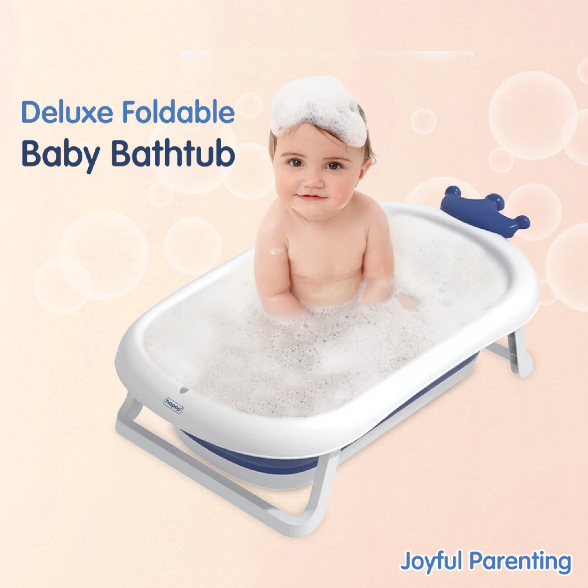 Hopop Deluxe Foldable Baby Bath Tub Adjustable Height | Foldable | Anti Slip Suction Base | Drain Outlet for Easy Clean | 4Months -3Yrs | Baby Mini Swimming Pool | New Born Toddlers Unisex (D.Blue)