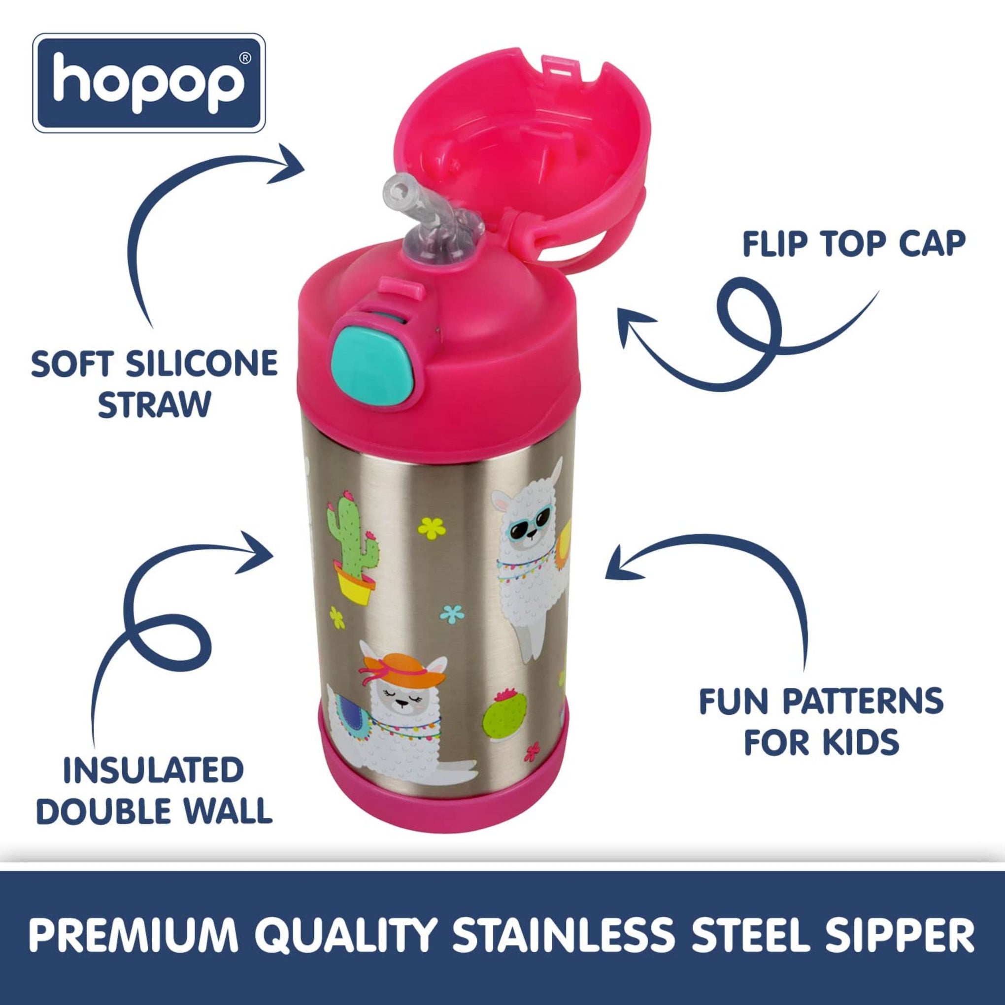 Hopop Insulated Stainless Steel Sipper Water Bottle for Kids | Double Walled Insulated Steel | Hot and Cold Sipper Bottle with Straw & Carry Handle | Thermos Flask | BPA Free | 300ml | Lama