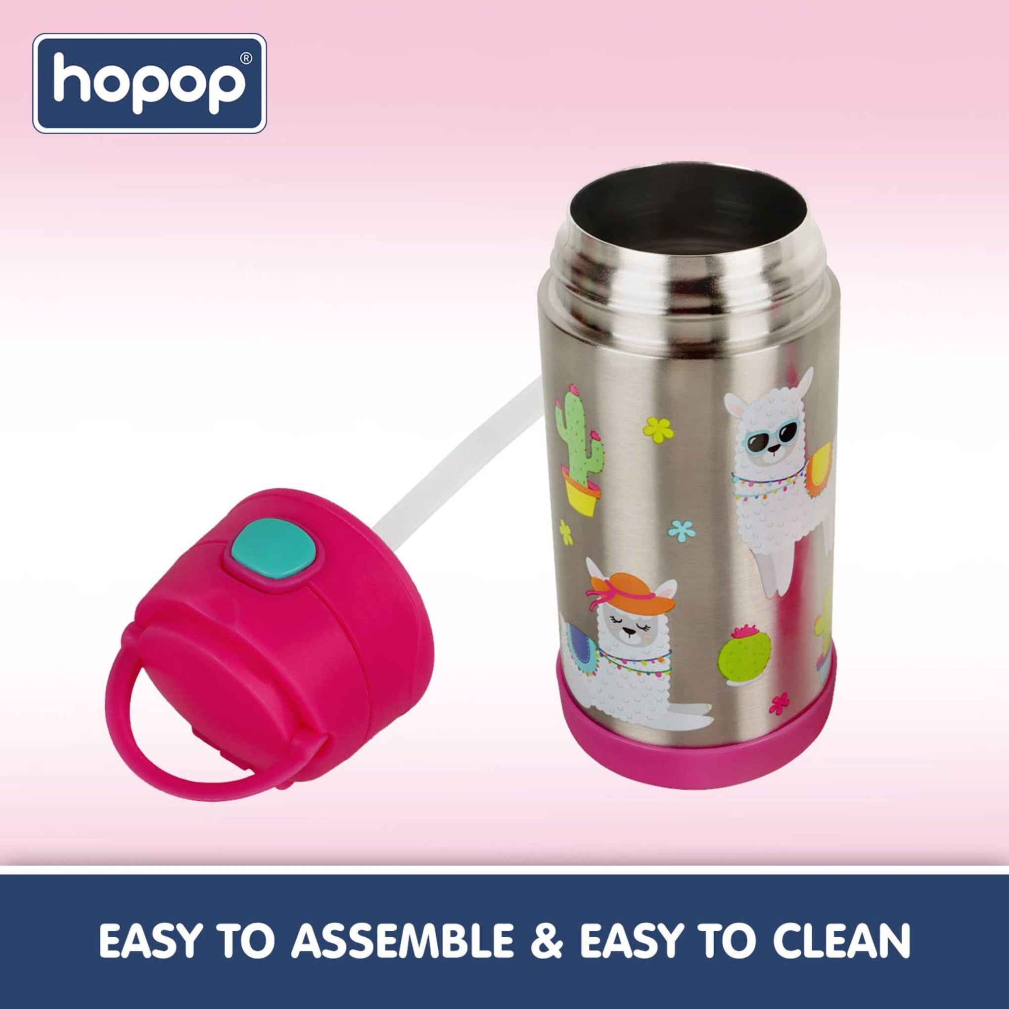 Hopop Insulated Stainless Steel Sipper Water Bottle for Kids | Double Walled Insulated Steel | Hot and Cold Sipper Bottle with Straw & Carry Handle | Thermos Flask | BPA Free | 300ml | Lama