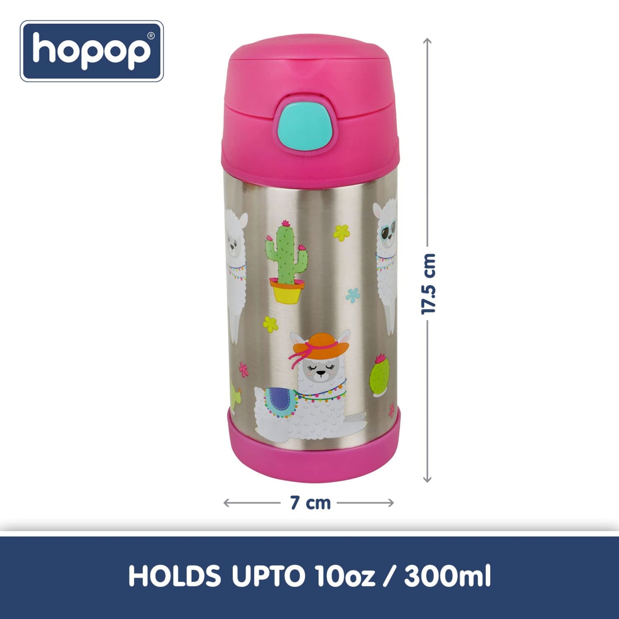 Hopop Insulated Stainless Steel Sipper Water Bottle for Kids | Double Walled Insulated Steel | Hot and Cold Sipper Bottle with Straw & Carry Handle | Thermos Flask | BPA Free | 300ml | Lama