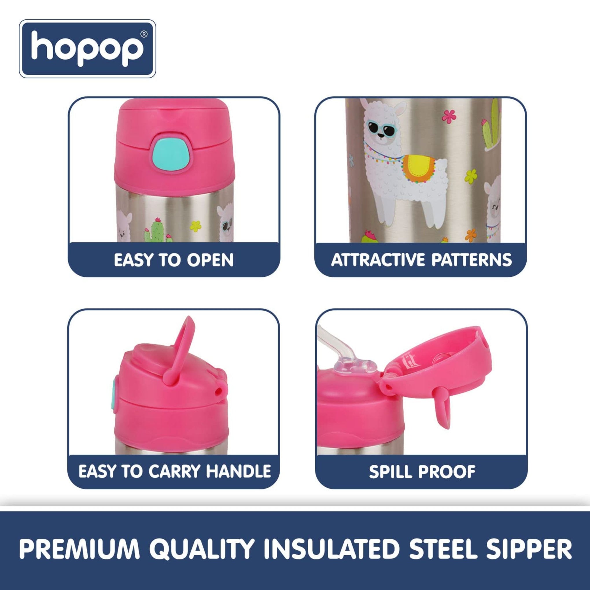 Hopop Insulated Stainless Steel Sipper Water Bottle for Kids | Double Walled Insulated Steel | Hot and Cold Sipper Bottle with Straw & Carry Handle | Thermos Flask | BPA Free | 300ml | Lama