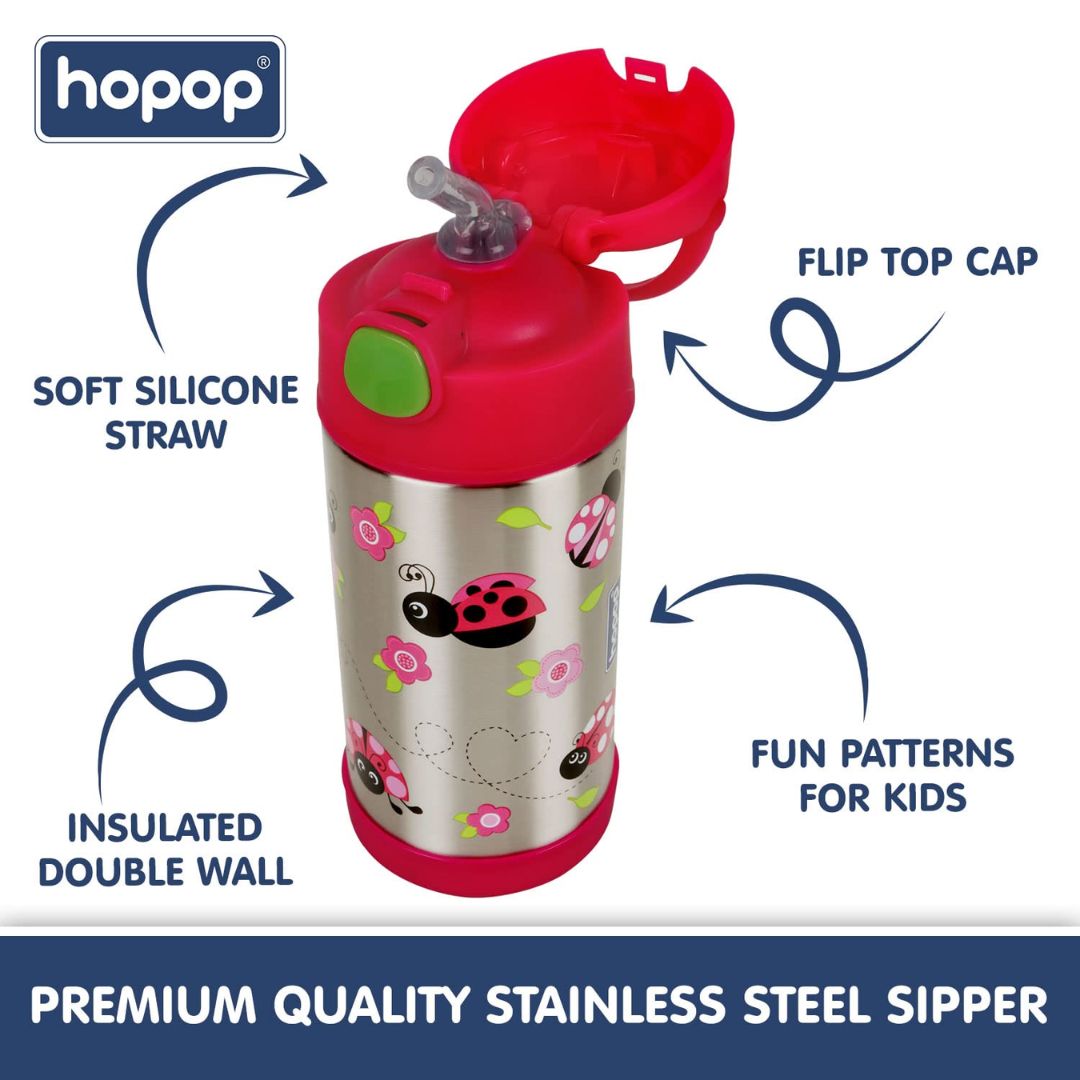 Hopop Insulated Stainless Steel Sipper Water Bottle for Kids | Double Walled Insulated Steel | Hot and Cold Sipper Bottle with Straw & Carry Handle | Thermos Flask | BPA Free | 300ml.