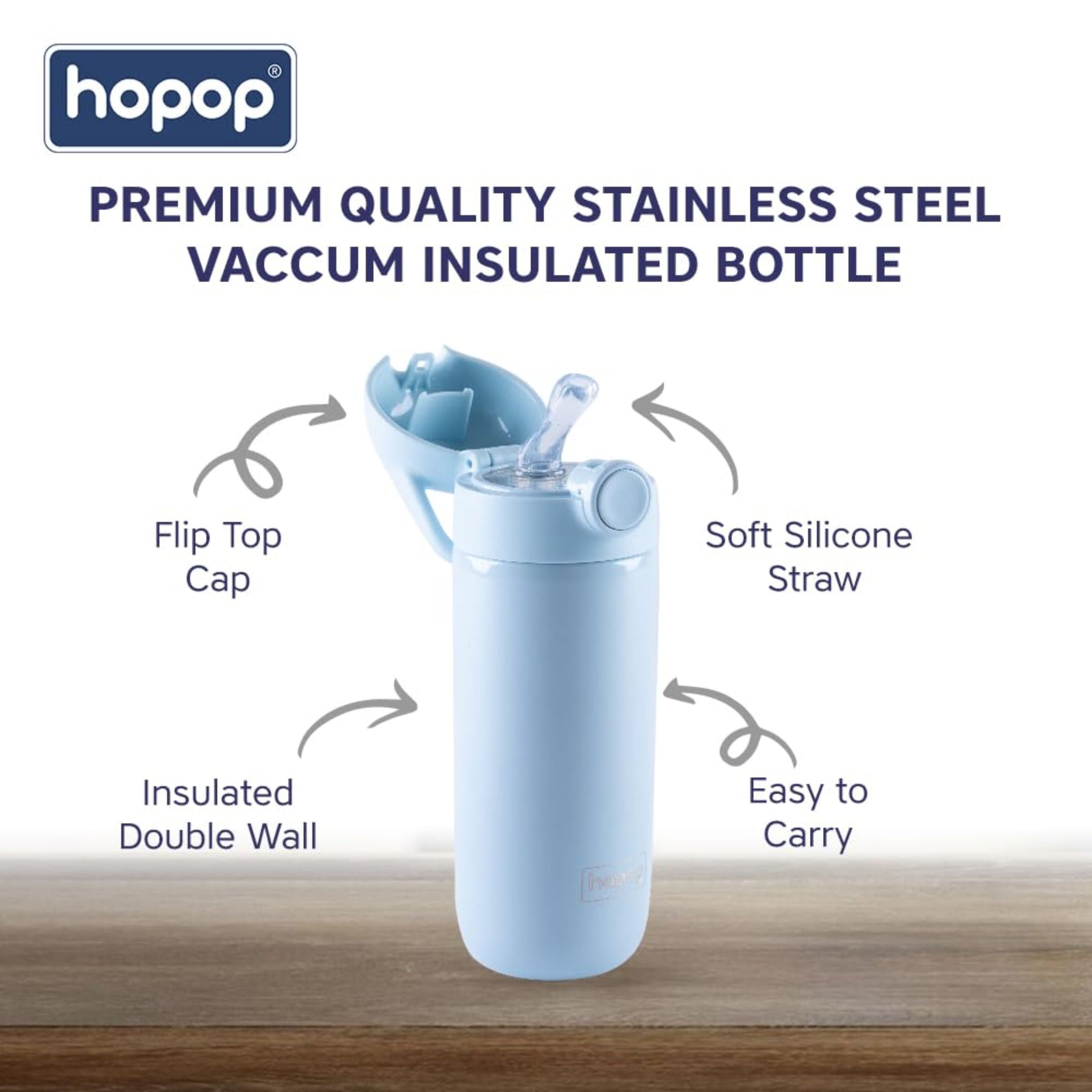 Hopop Insulated Stainless Steel Water Bottle | Double Walled Vacuum Insulated Flask Water Bottle | Thermosteel Hot and Cold Sipper Bottle with Carry Handle | BPA Free | 380ml | Blue