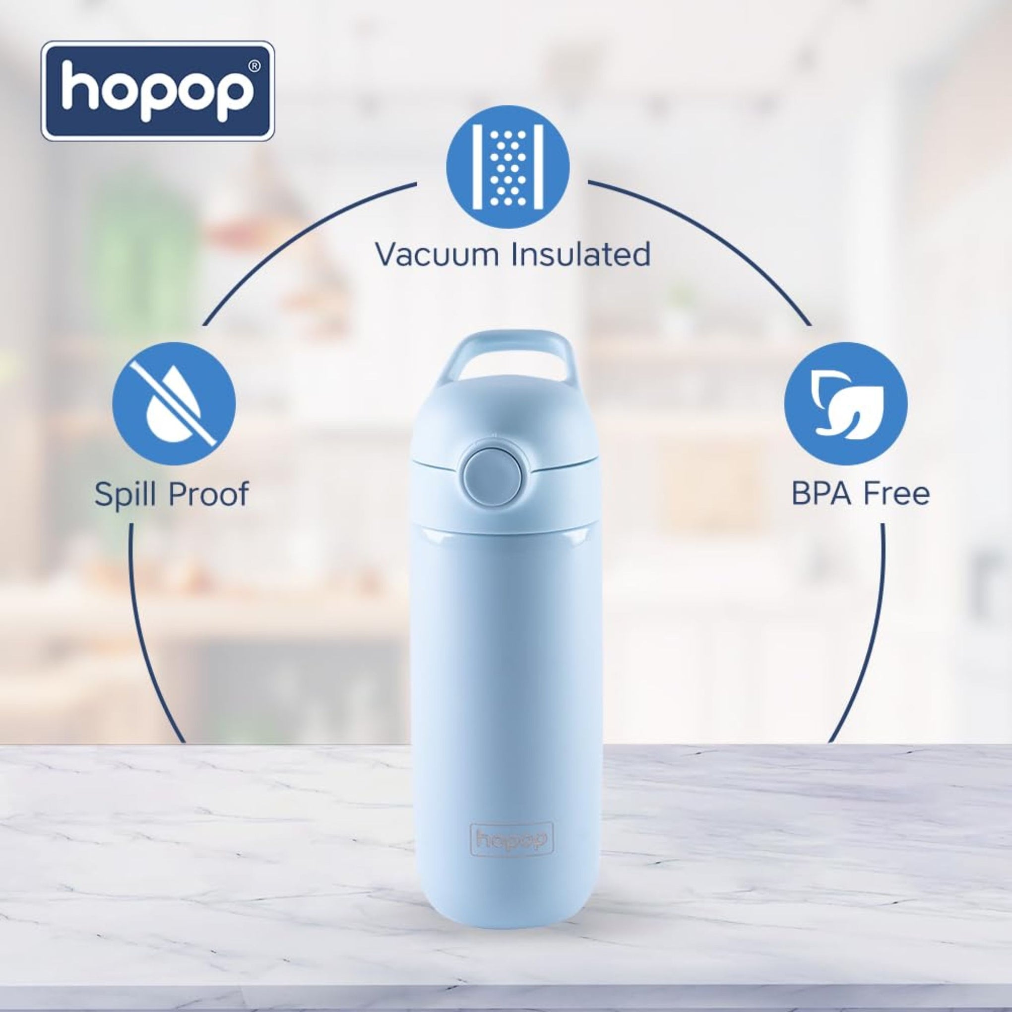 Hopop Insulated Stainless Steel Water Bottle | Double Walled Vacuum Insulated Flask Water Bottle | Thermosteel Hot and Cold Sipper Bottle with Carry Handle | BPA Free | 380ml | Blue