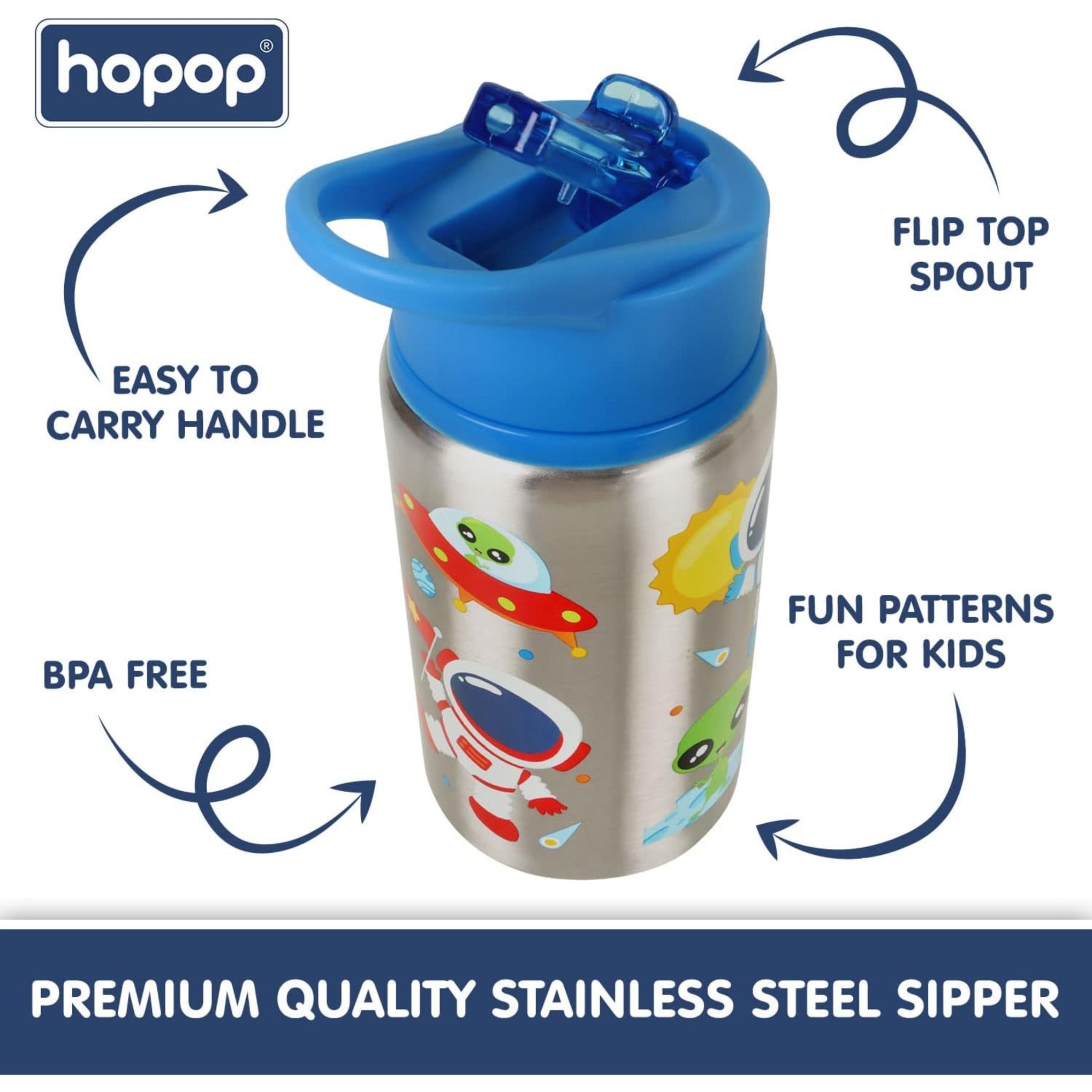 hopop Non-Insulated Flip Top Spout Steel Sipper with Straw, Single Wall Steel Sipper 530ml (Space)