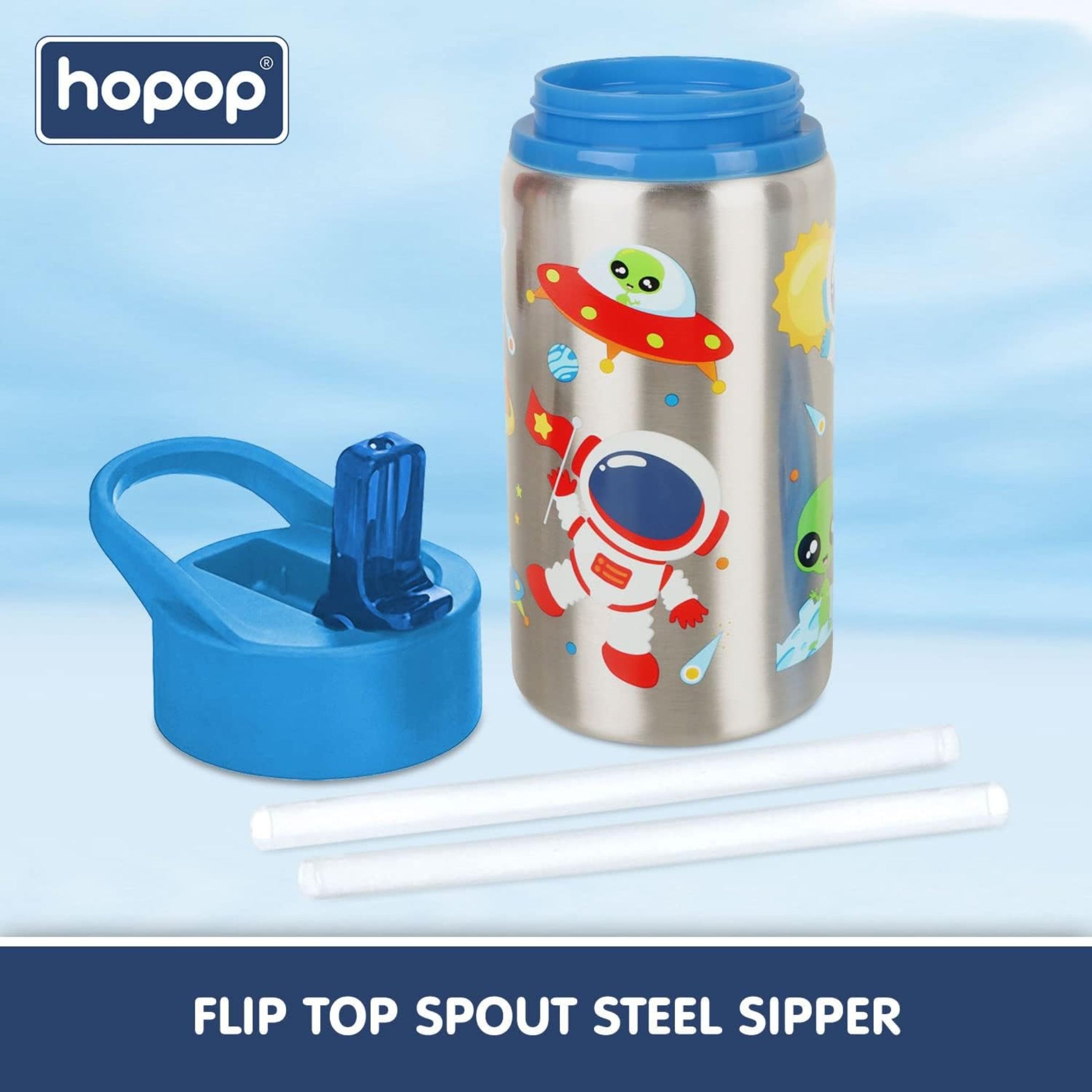 hopop Non-Insulated Flip Top Spout Steel Sipper with Straw, Single Wall Steel Sipper 530ml (Space)